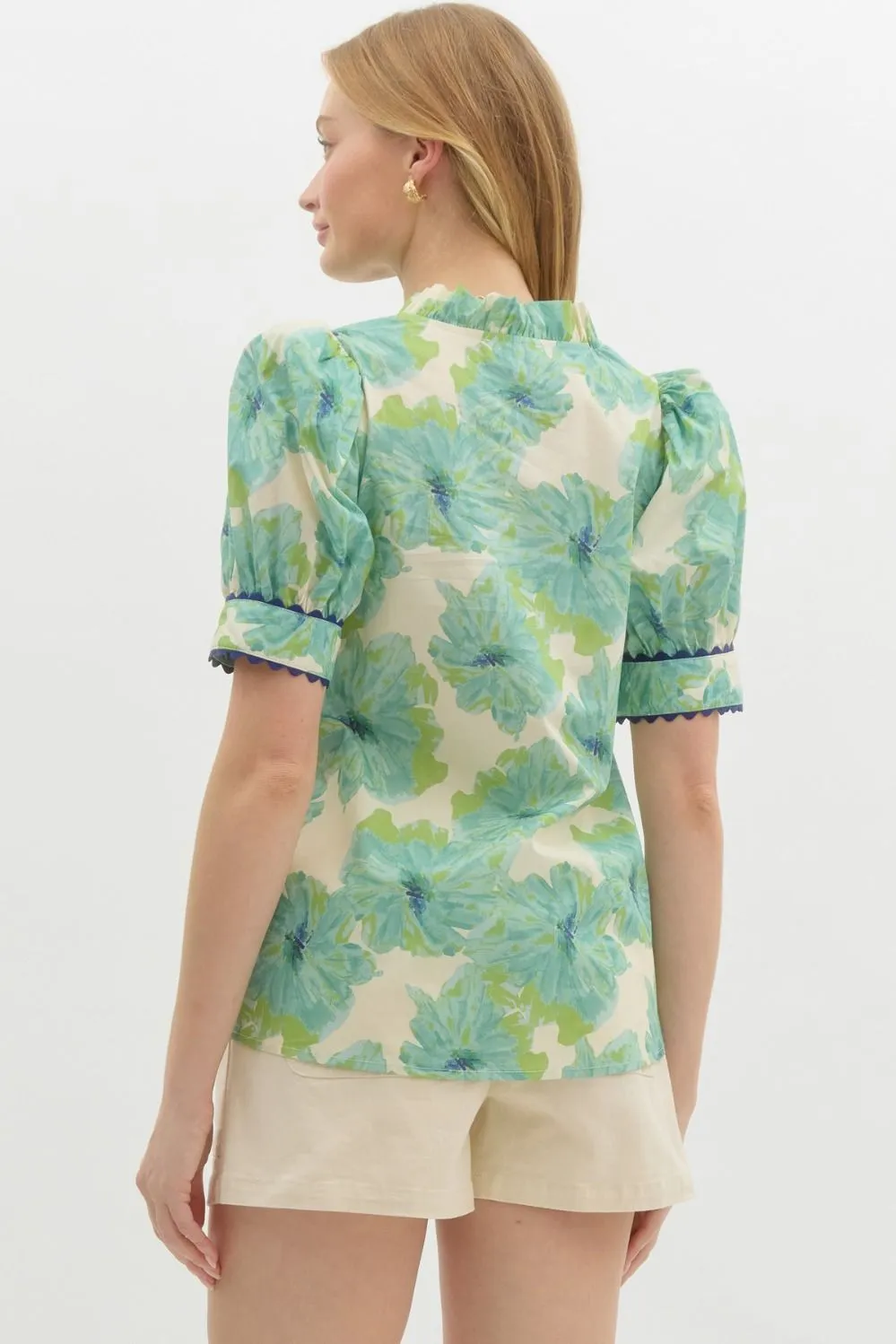 Floral Print Band Puff Sleeve With Ric Rac Trim Accent Top