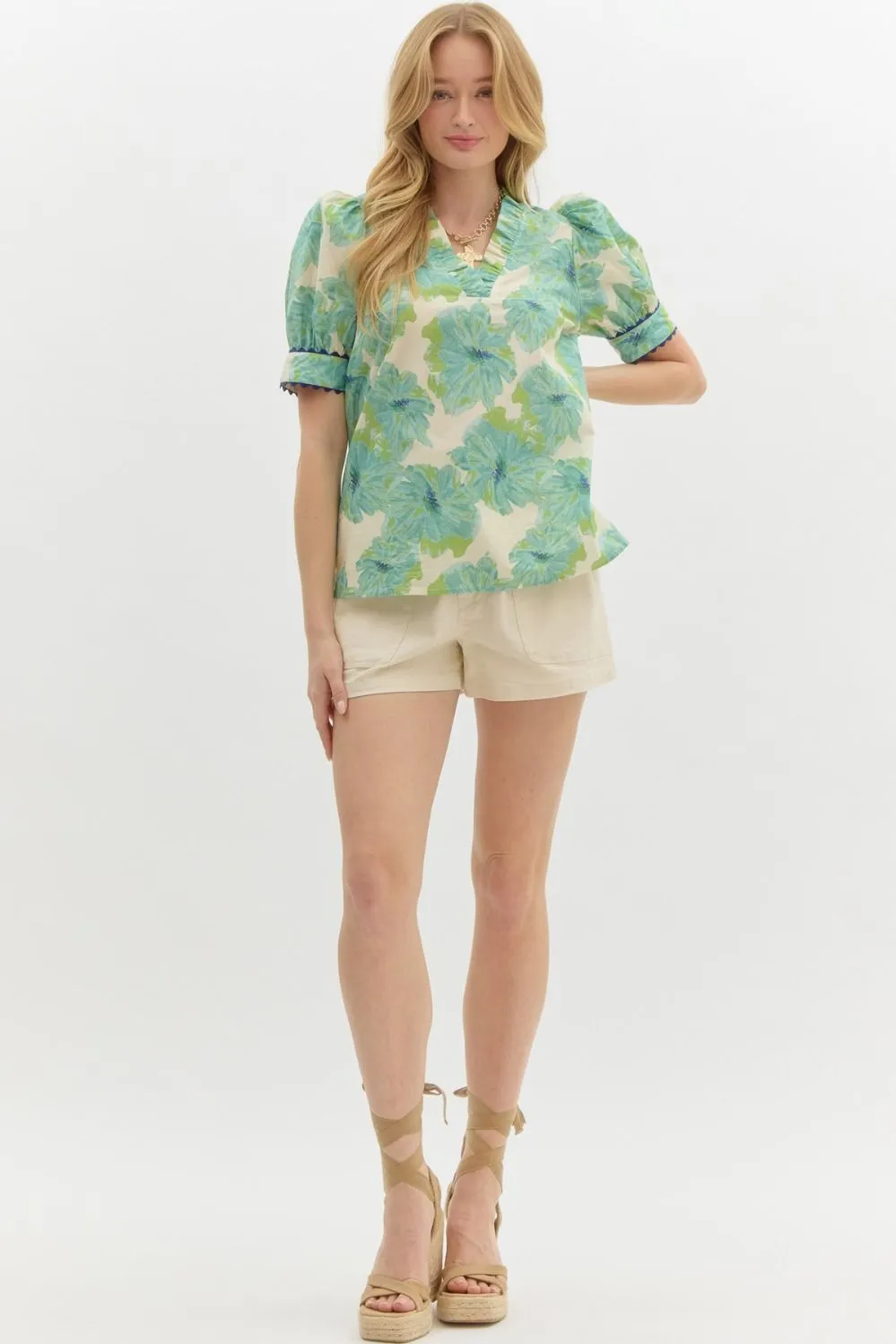 Floral Print Band Puff Sleeve With Ric Rac Trim Accent Top