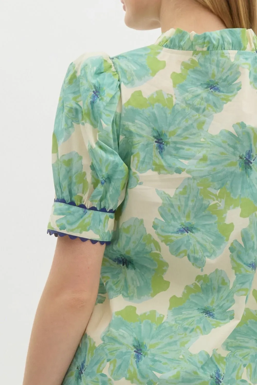 Floral Print Band Puff Sleeve With Ric Rac Trim Accent Top