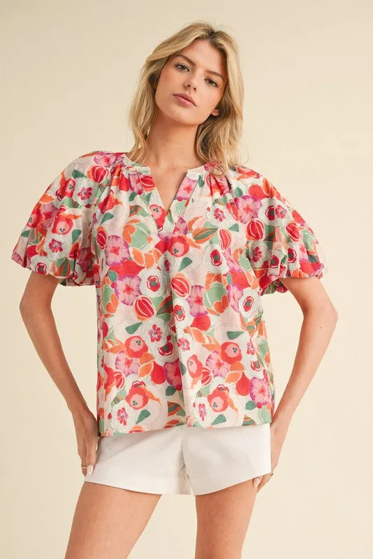 Floral Print Short Balloon Sleeves Top