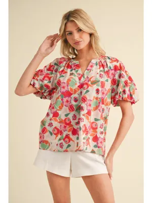 Floral Print Short Balloon Sleeves Top