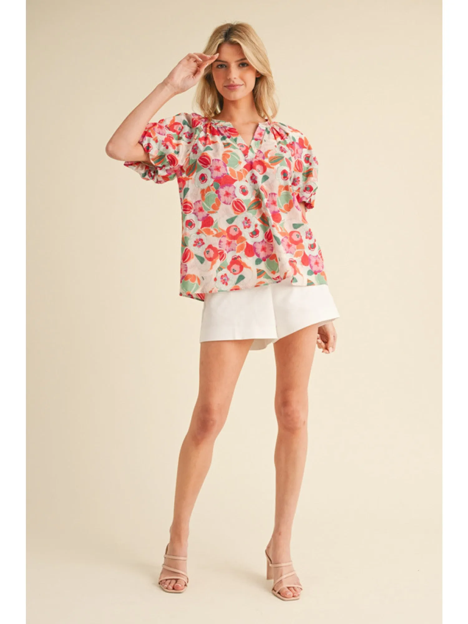 Floral Print Short Balloon Sleeves Top