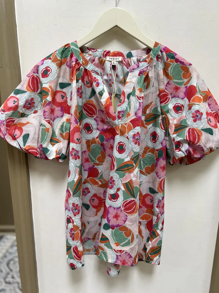 Floral Print Short Balloon Sleeves Top