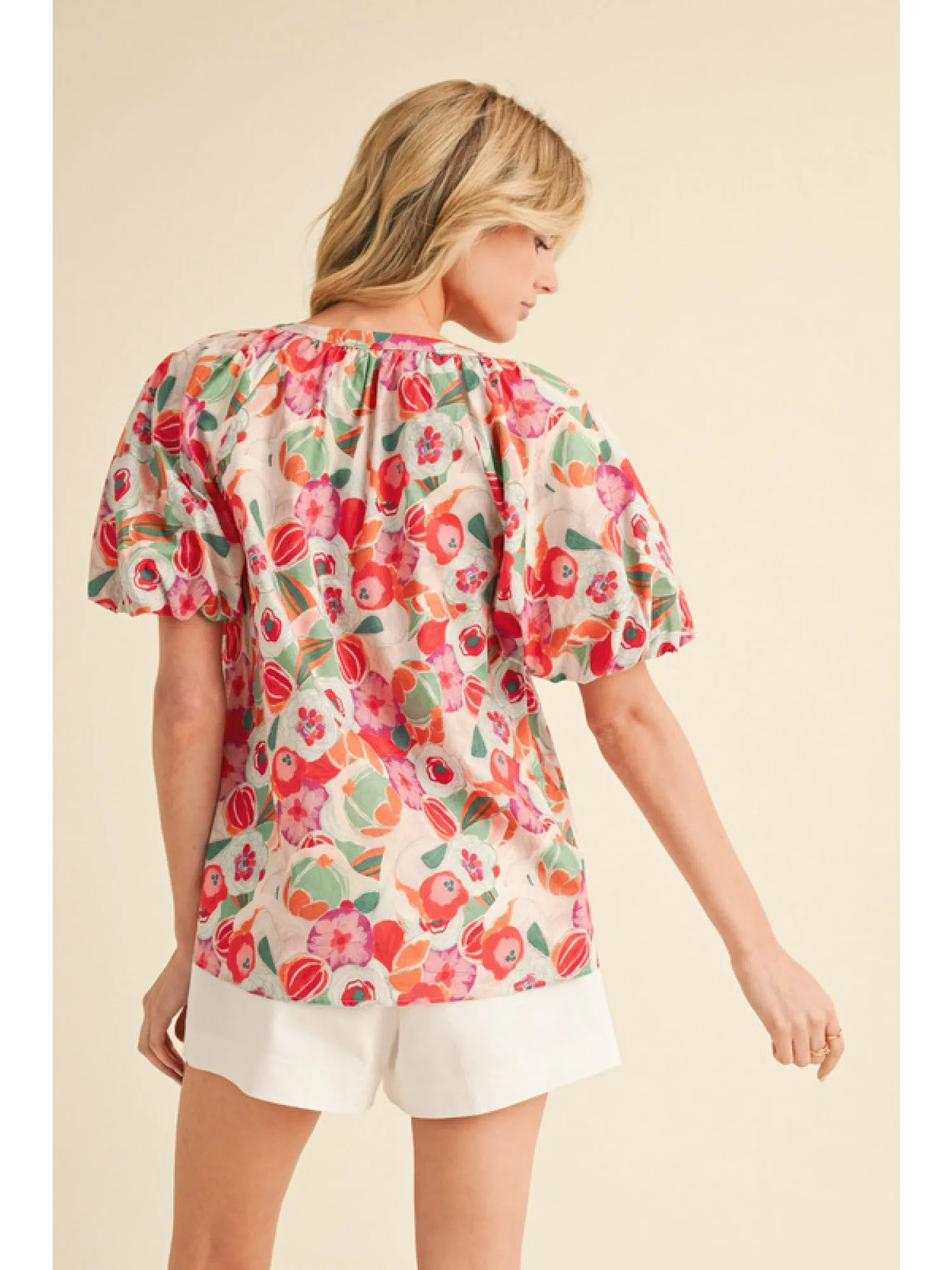 Floral Print Short Balloon Sleeves Top