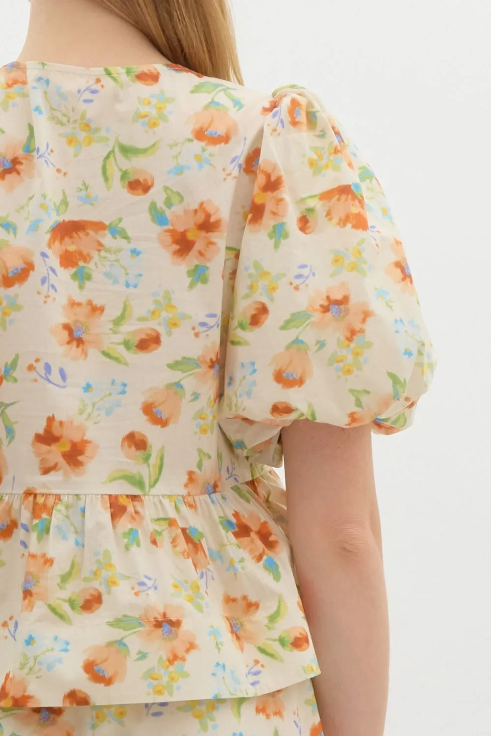 Floral Print Short Bubble Sleeve Pullover Babydoll Top