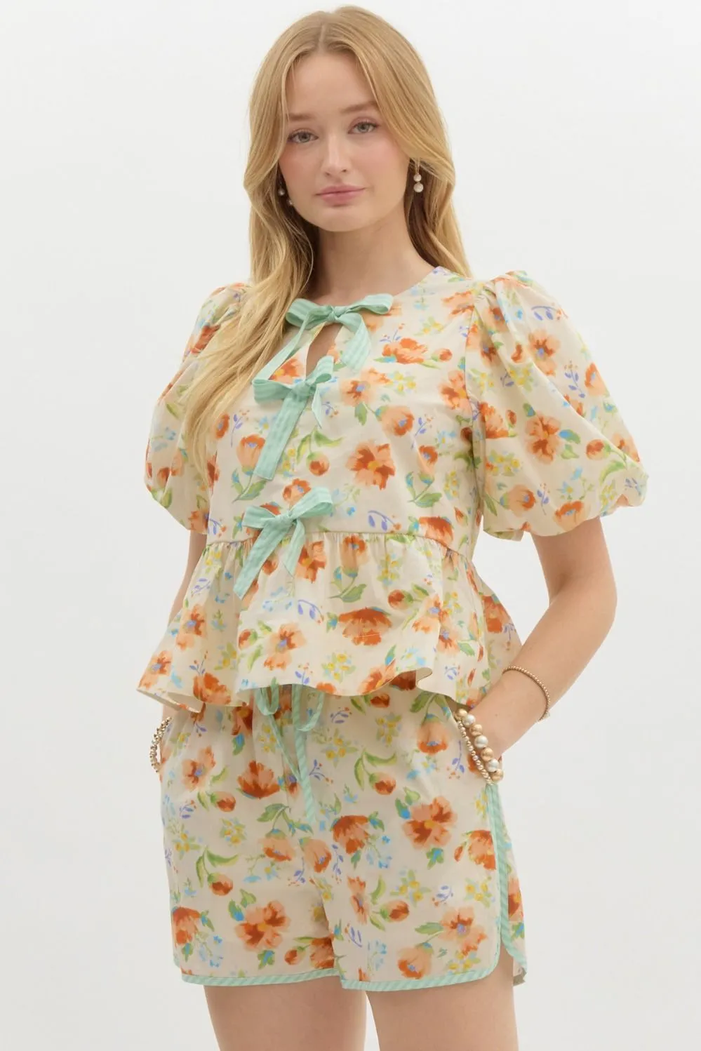 Floral Print Short Bubble Sleeve Pullover Babydoll Top