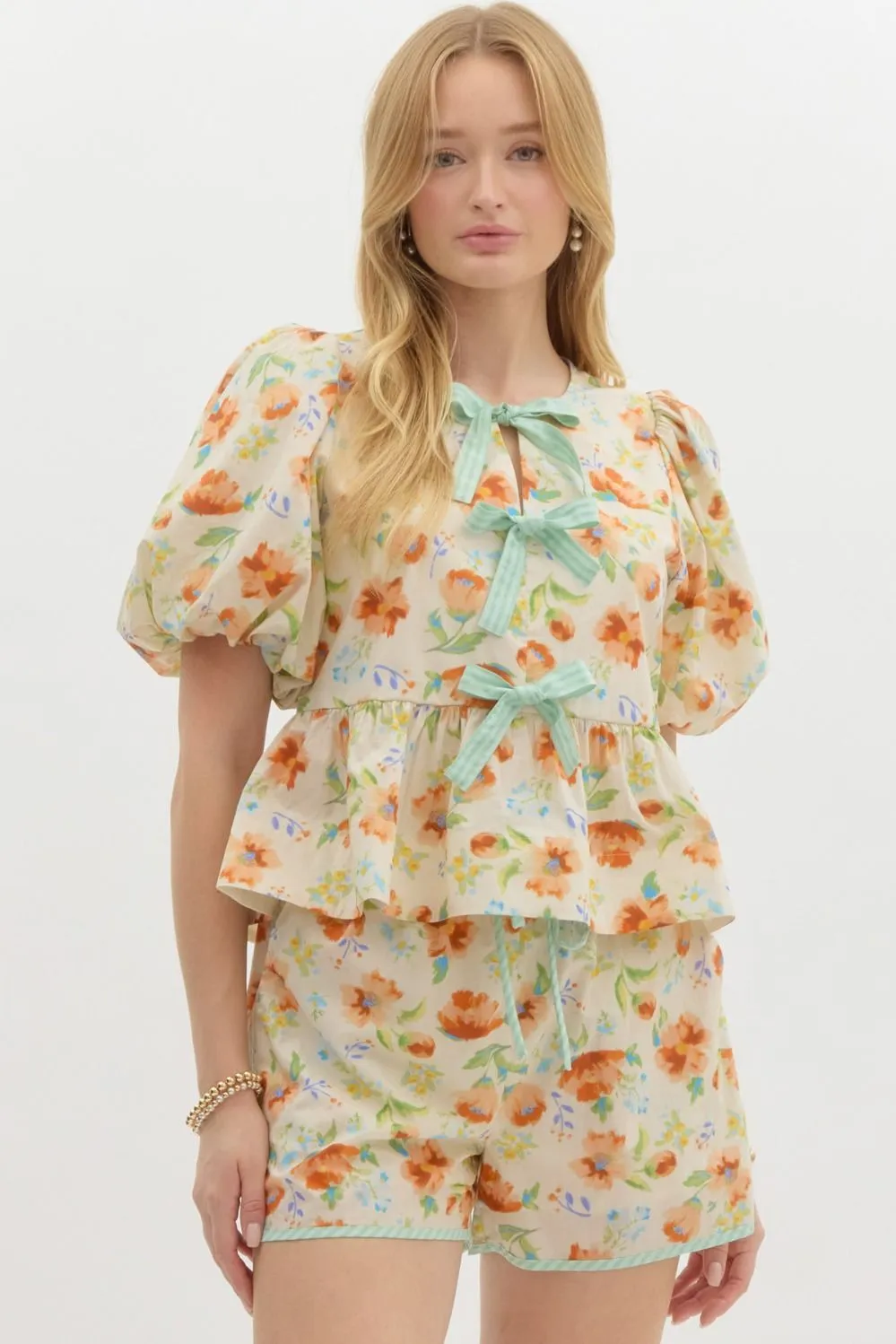 Floral Print Short Bubble Sleeve Pullover Babydoll Top
