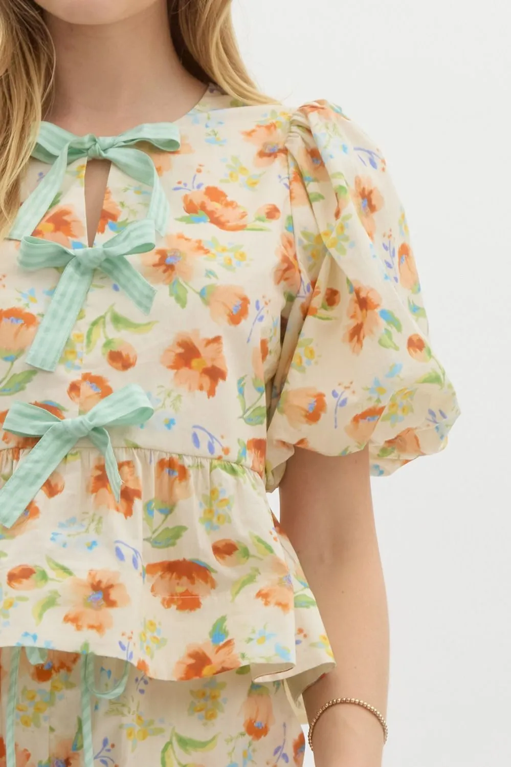 Floral Print Short Bubble Sleeve Pullover Babydoll Top