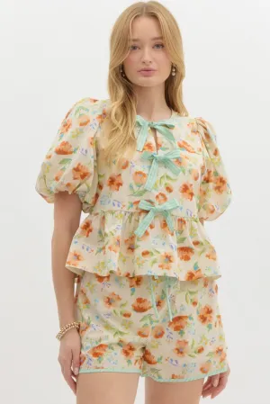 Floral Print Short Bubble Sleeve Pullover Babydoll Top