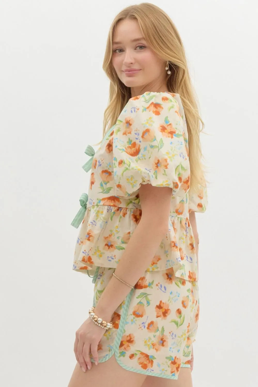 Floral Print Short Bubble Sleeve Pullover Babydoll Top