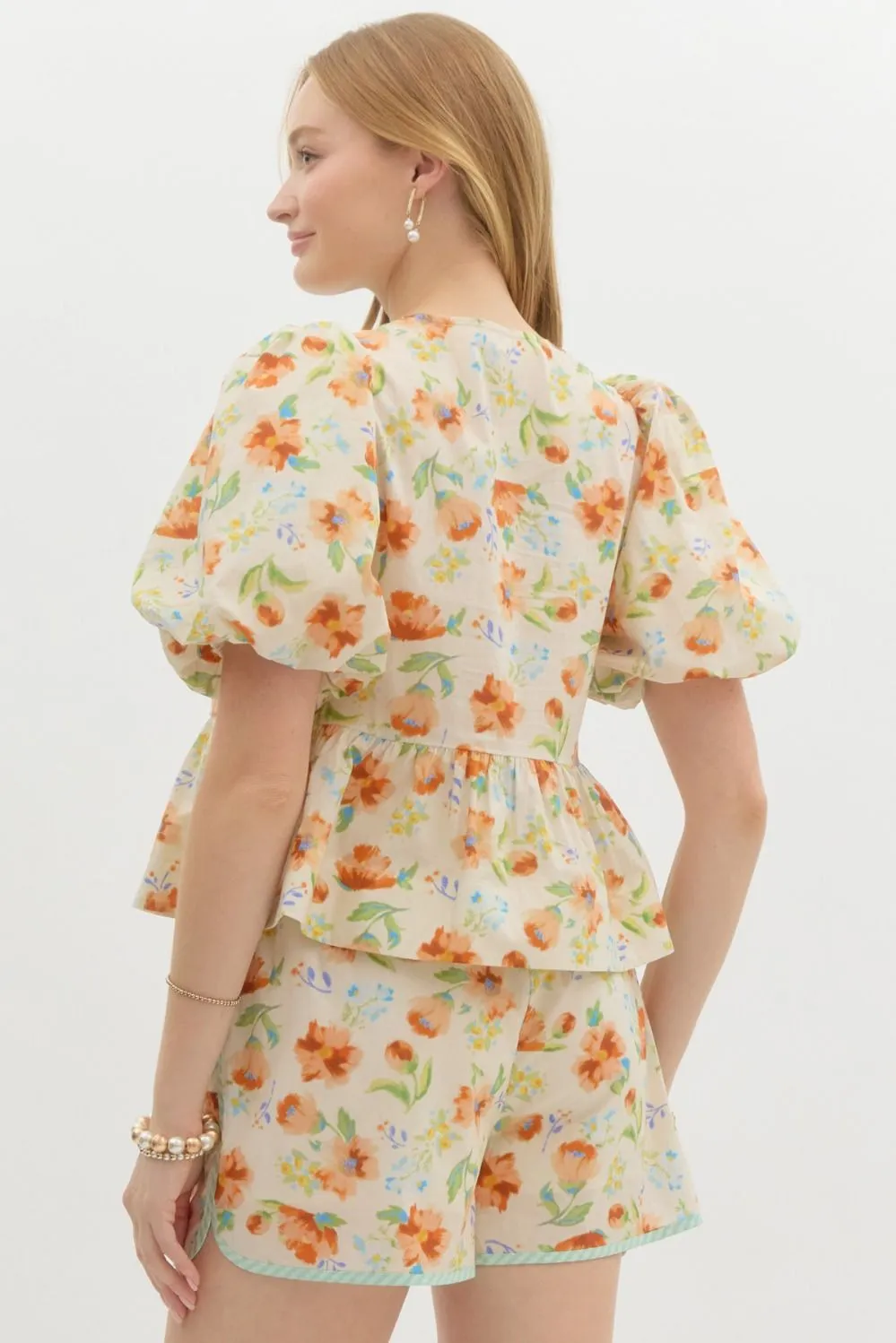 Floral Print Short Bubble Sleeve Pullover Babydoll Top