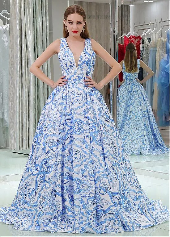 Floral V-neck Formal Dresses