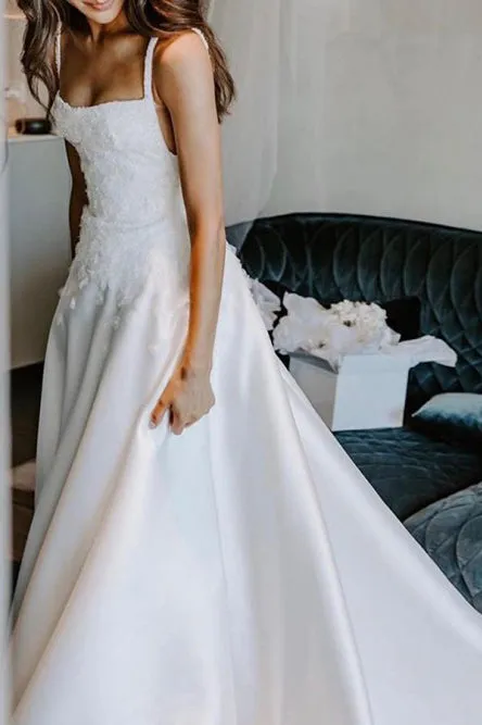 Formal Satin A-Line Square Neck Long White Sleeveless Wedding Dress Simple Bridal Gown OHD237
