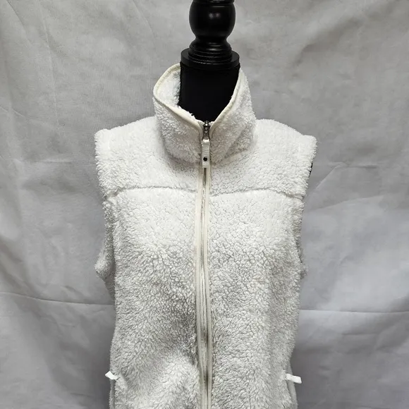 Free Country Sherpa 100% Polyester Faux Fur Zip Up White Sleeveless Vest Sz L