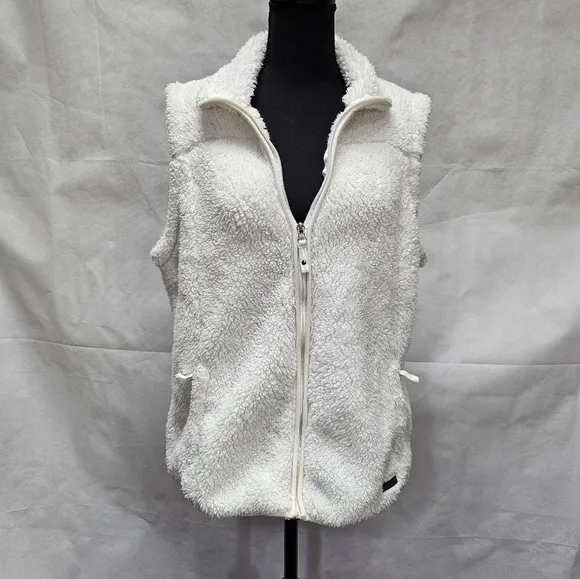 Free Country Sherpa 100% Polyester Faux Fur Zip Up White Sleeveless Vest Sz L