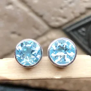 Genuine 2ct Blue Topaz 925 Solid Sterling Silver Earrings 7mm