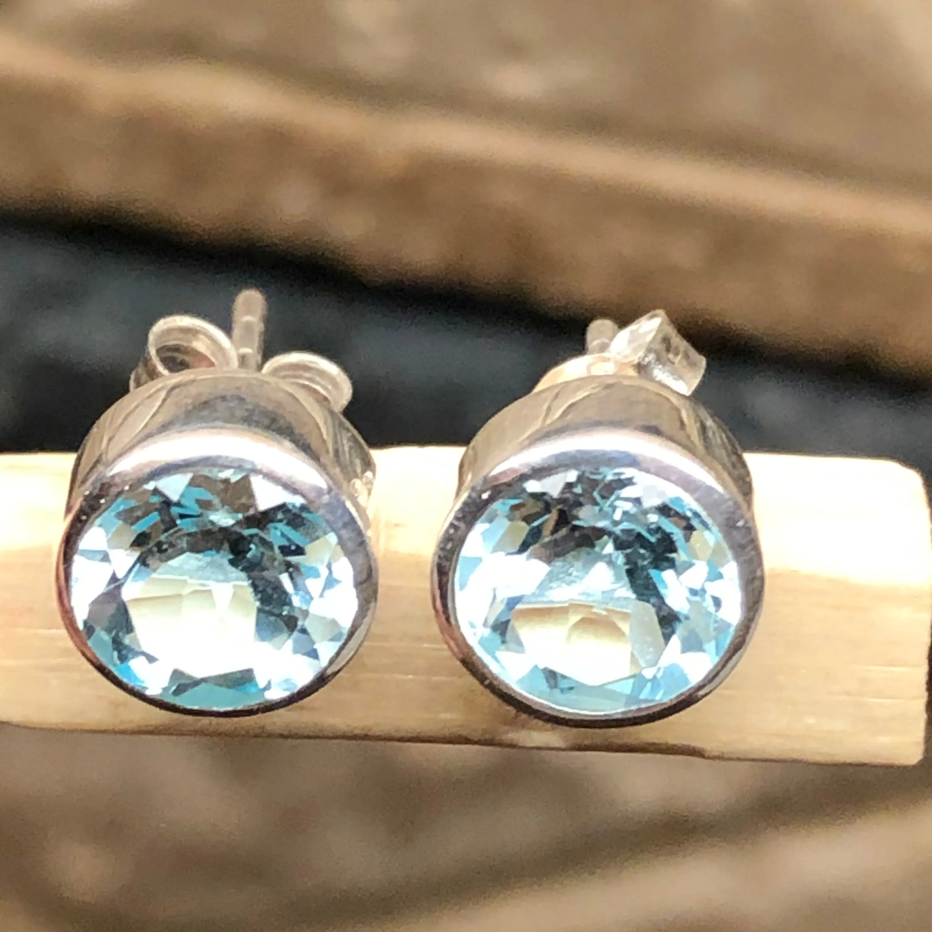 Genuine 2ct Blue Topaz 925 Solid Sterling Silver Earrings 7mm