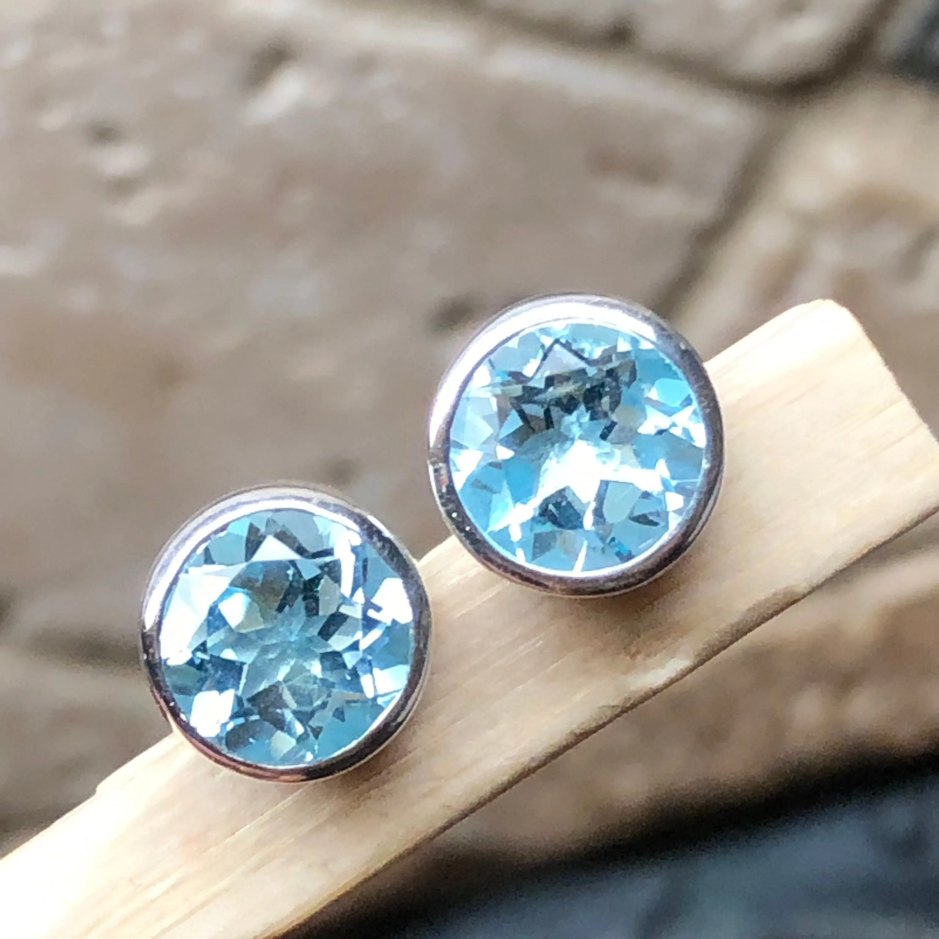 Genuine 2ct Blue Topaz 925 Solid Sterling Silver Earrings 7mm