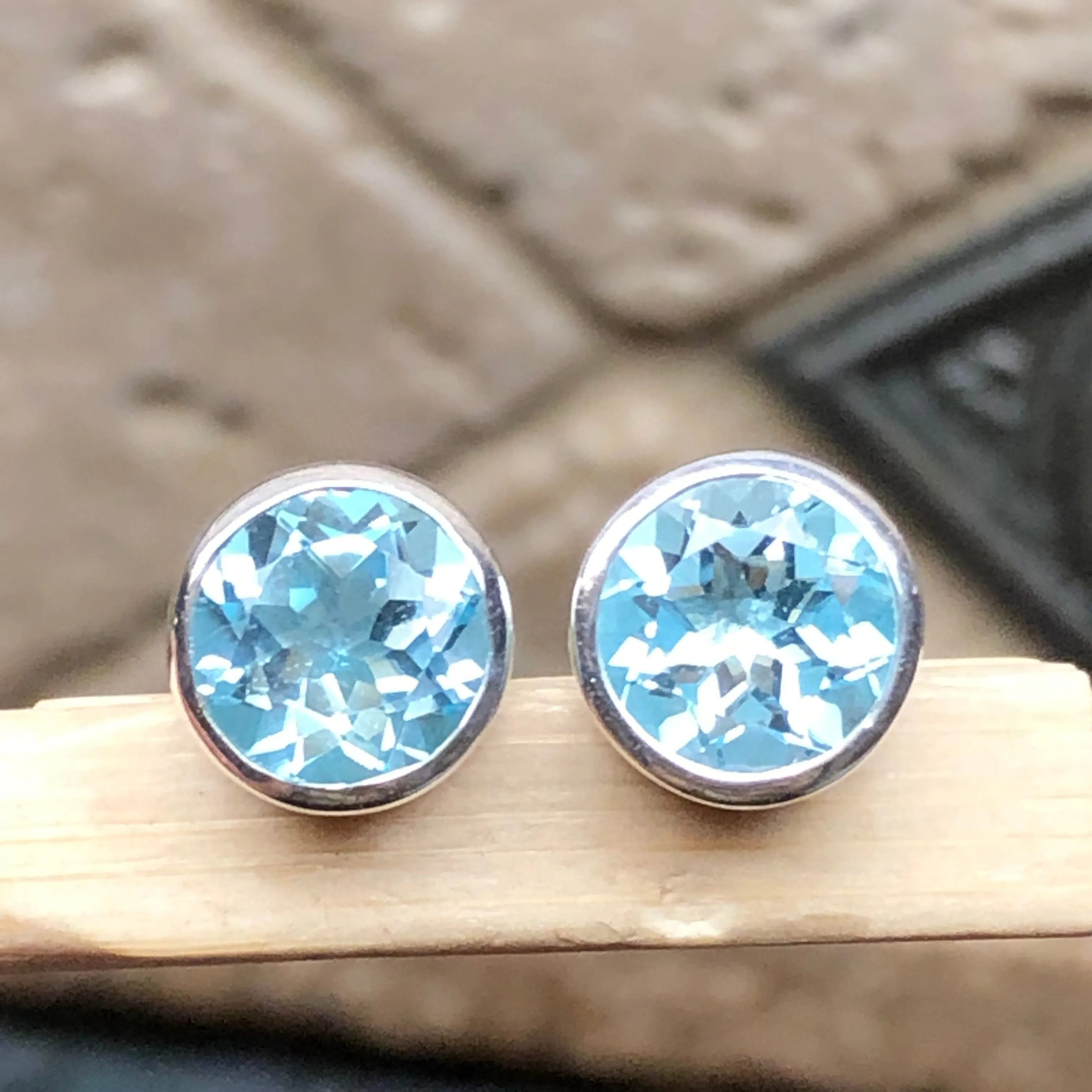 Genuine 2ct Blue Topaz 925 Solid Sterling Silver Earrings 7mm