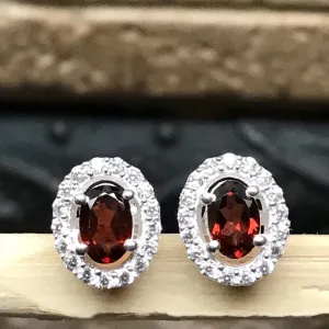 Genuine 2ct Garnet, White Sapphire 925 Solid Sterling Silver Stud Earrings 10mm