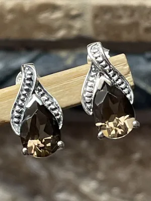 Genuine 2ct Smoky Topaz 925 Solid Sterling Silver Earrings 15mm