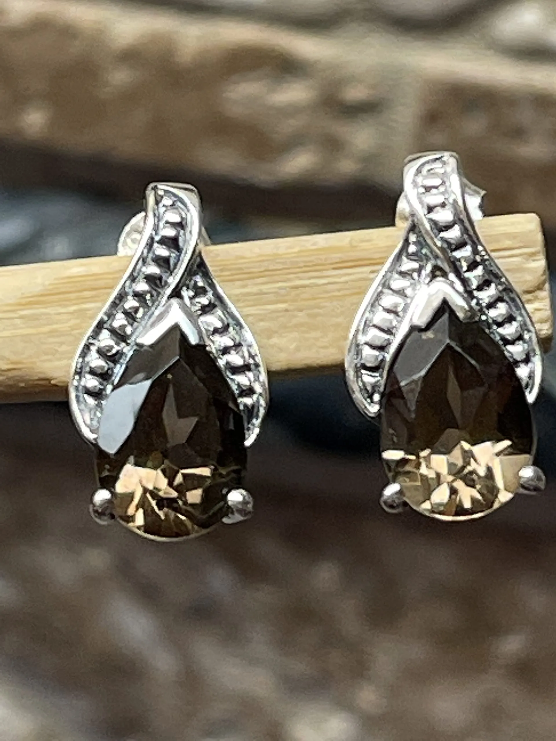 Genuine 2ct Smoky Topaz 925 Solid Sterling Silver Earrings 15mm