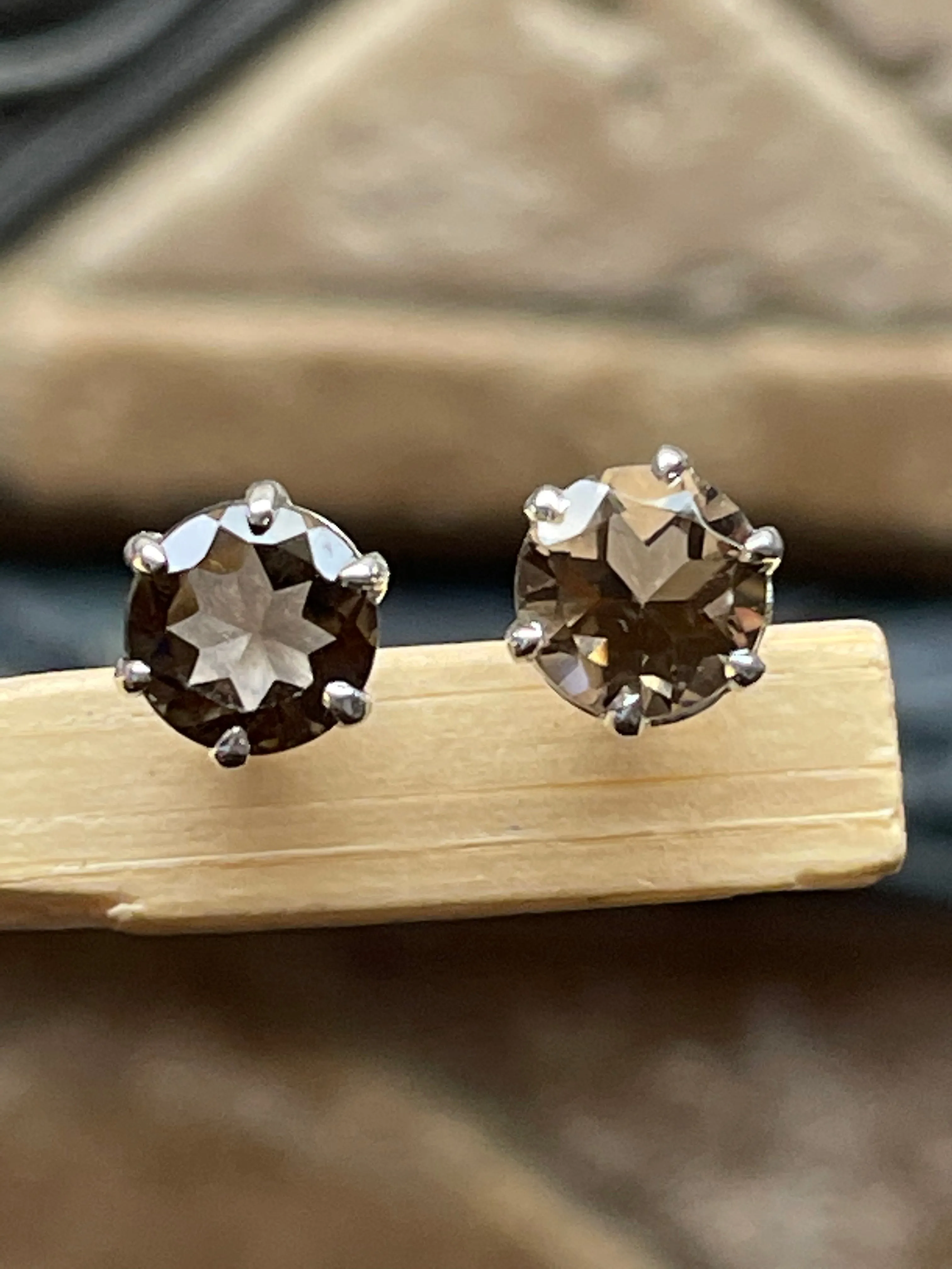 Genuine 2ct Smoky Topaz 925 Solid Sterling Silver Earrings 7mm