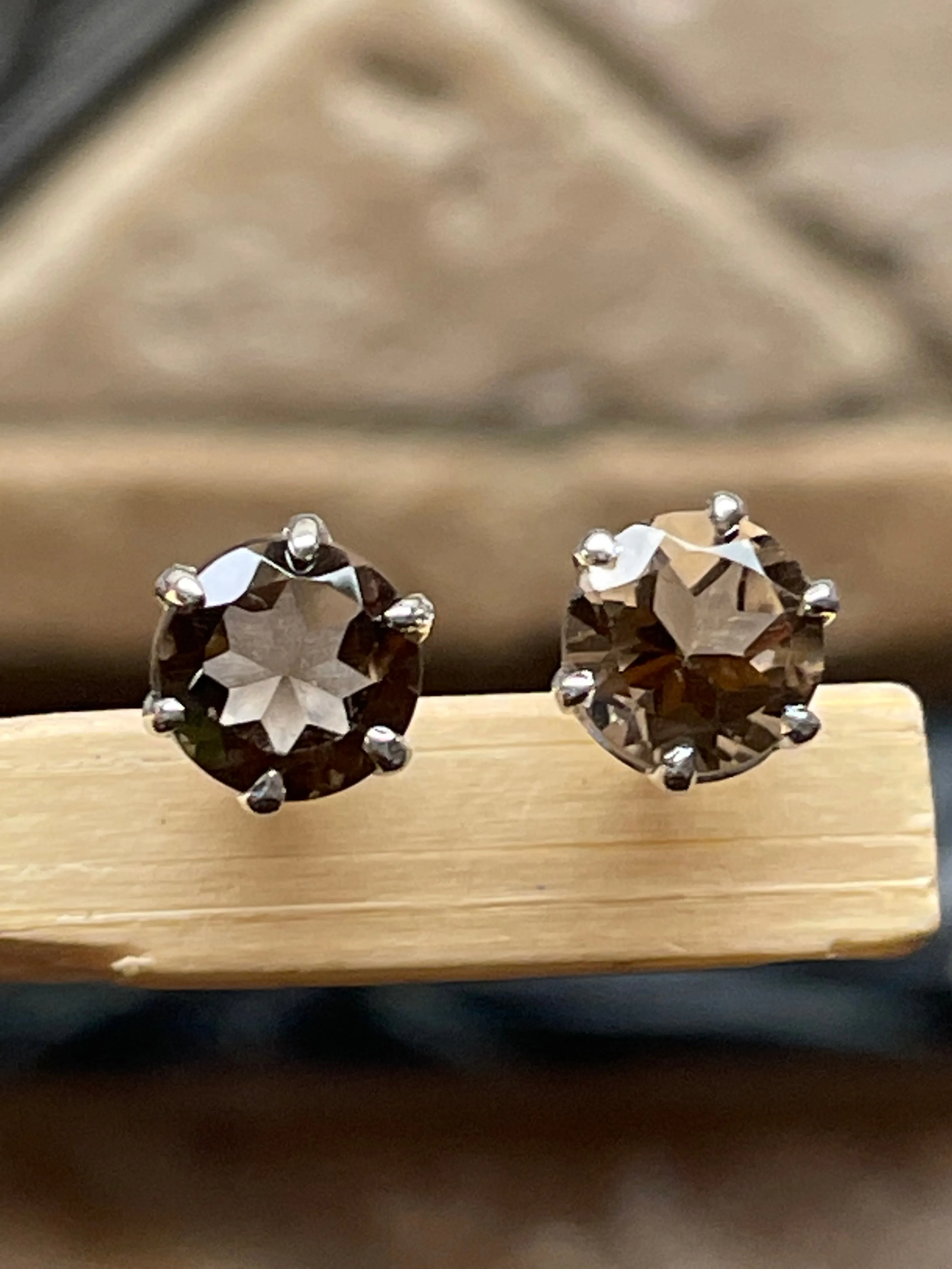 Genuine 2ct Smoky Topaz 925 Solid Sterling Silver Earrings 7mm