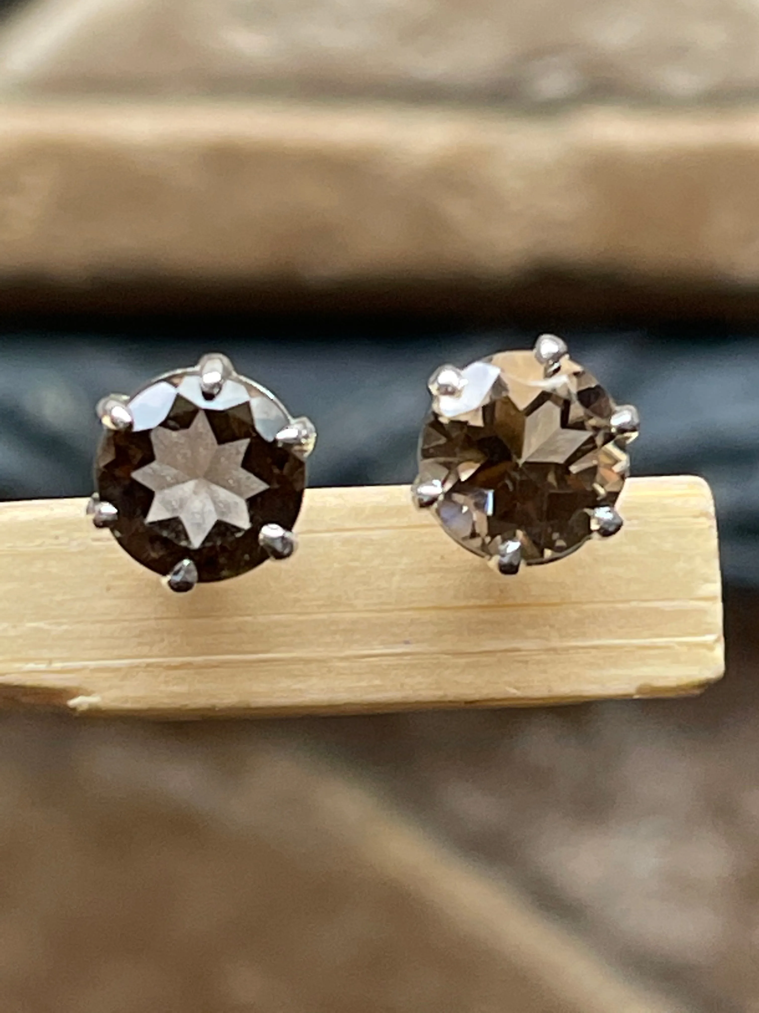 Genuine 2ct Smoky Topaz 925 Solid Sterling Silver Earrings 7mm