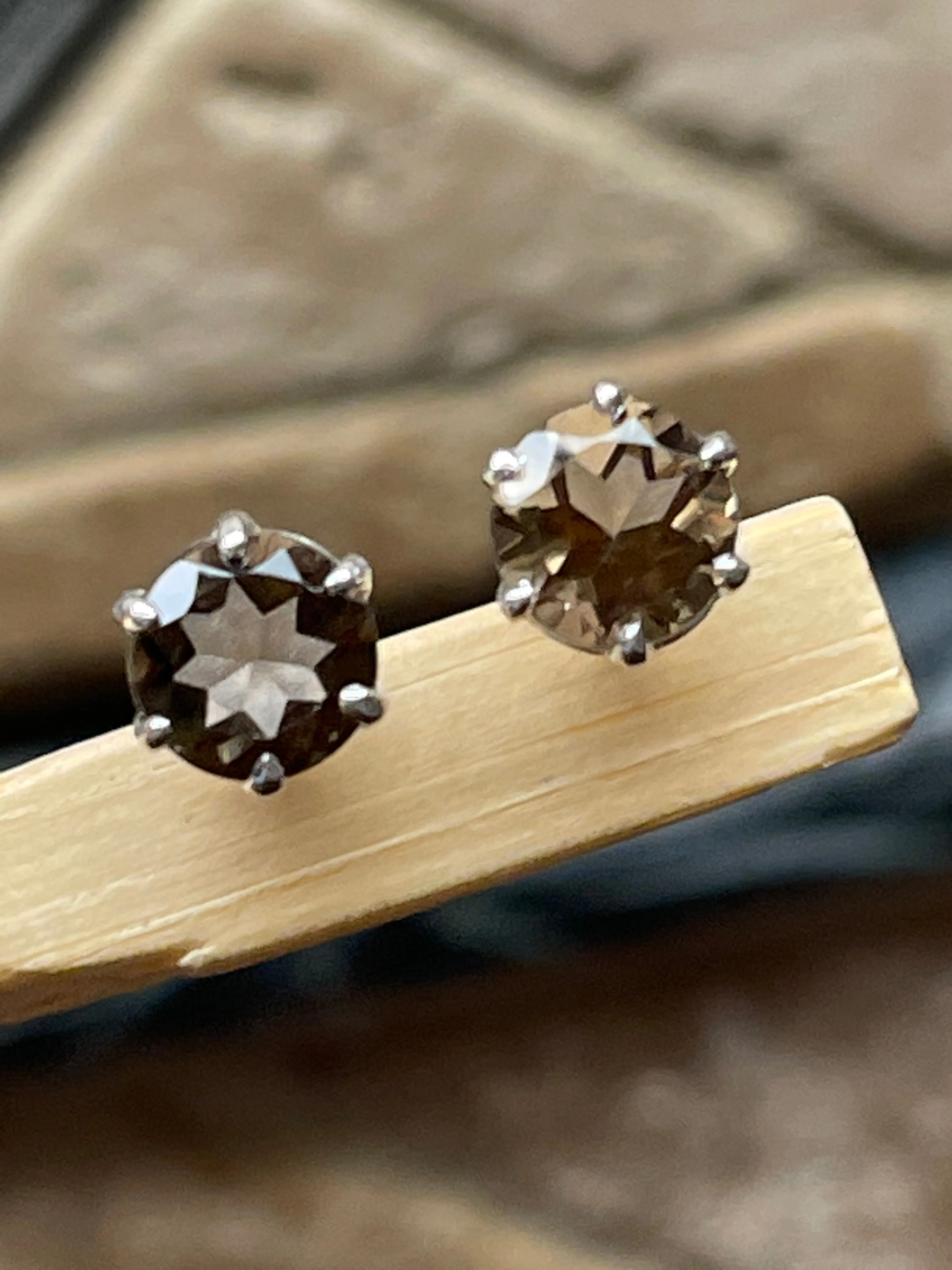 Genuine 2ct Smoky Topaz 925 Solid Sterling Silver Earrings 7mm