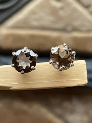 Genuine 2ct Smoky Topaz 925 Solid Sterling Silver Earrings 7mm