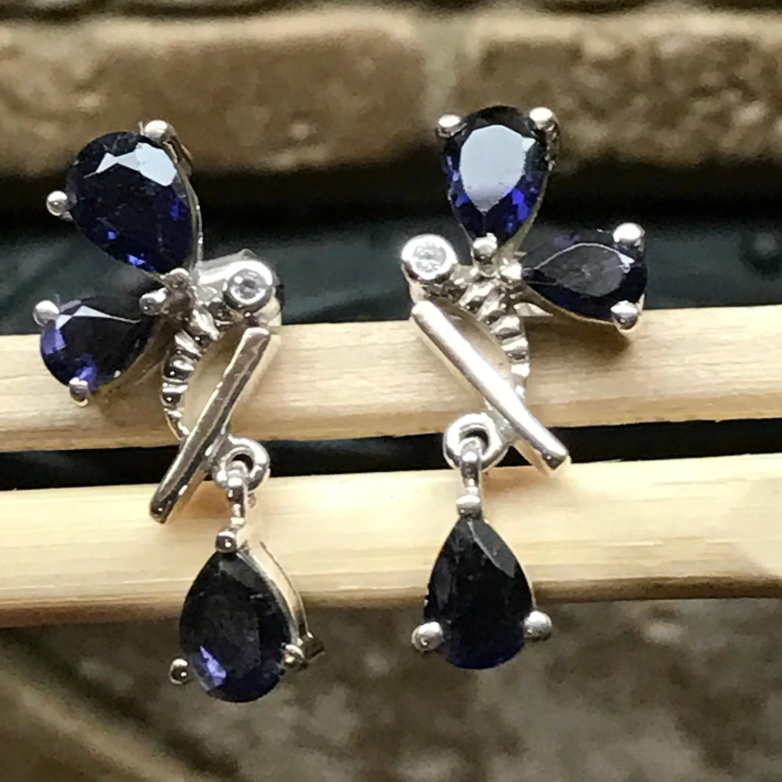 Genuine 4ct Iolite 925 Solid Sterling Silver Bee Earrings 25mm