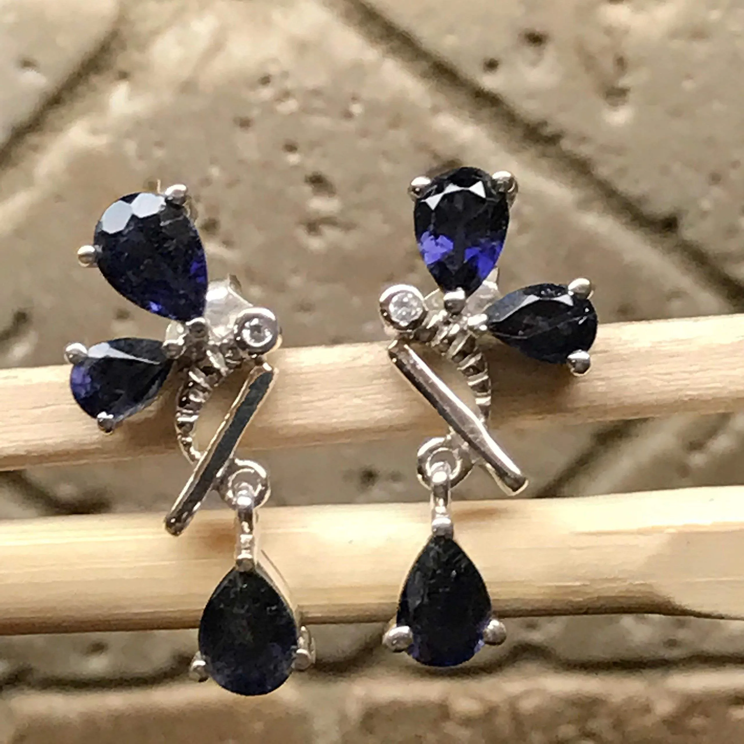 Genuine 4ct Iolite 925 Solid Sterling Silver Bee Earrings 25mm