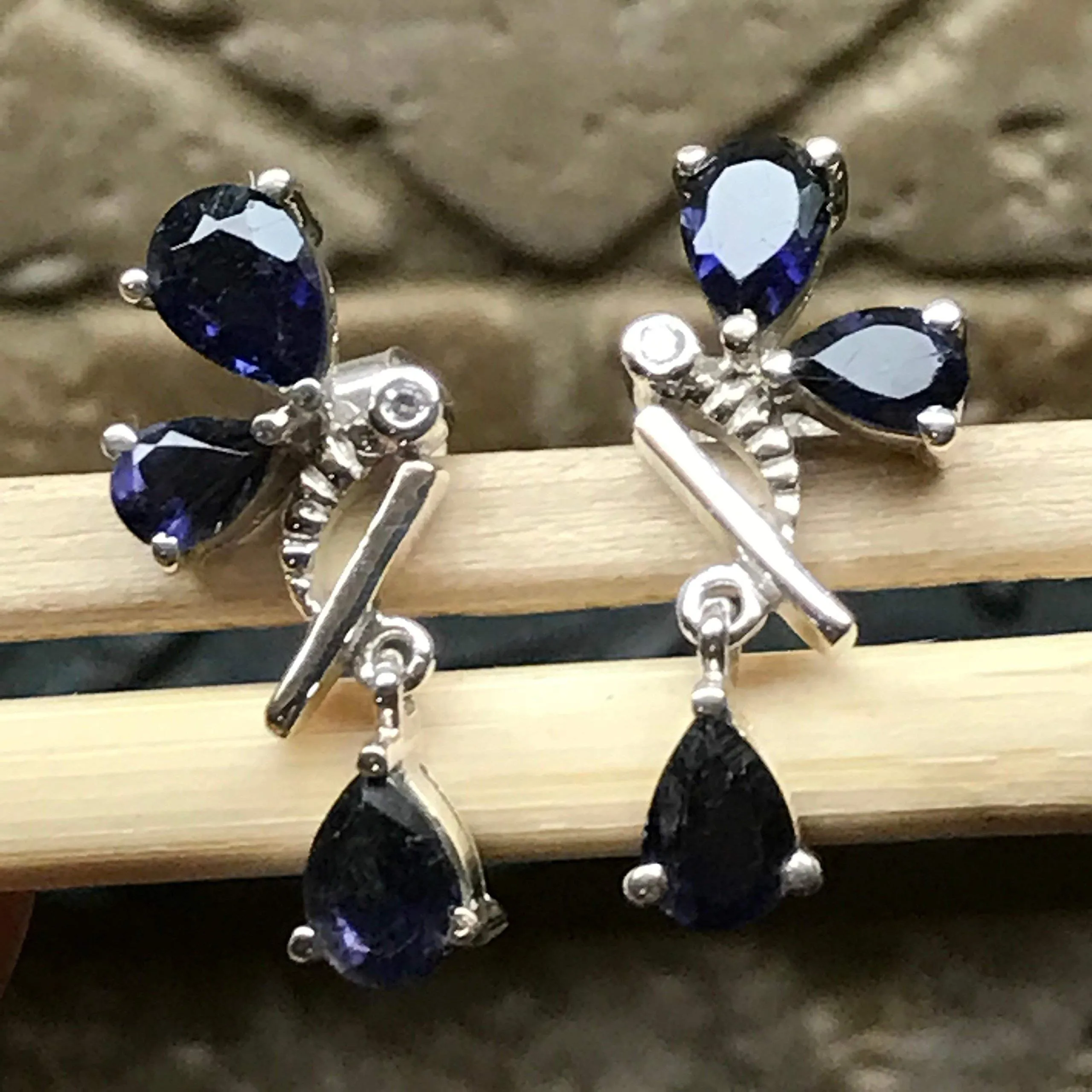 Genuine 4ct Iolite 925 Solid Sterling Silver Bee Earrings 25mm