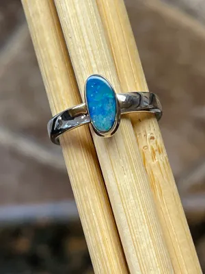 Genuine Australian Blue, Pink Opal 925 Solid Sterling Silver Engagement Ring Size 5.75
