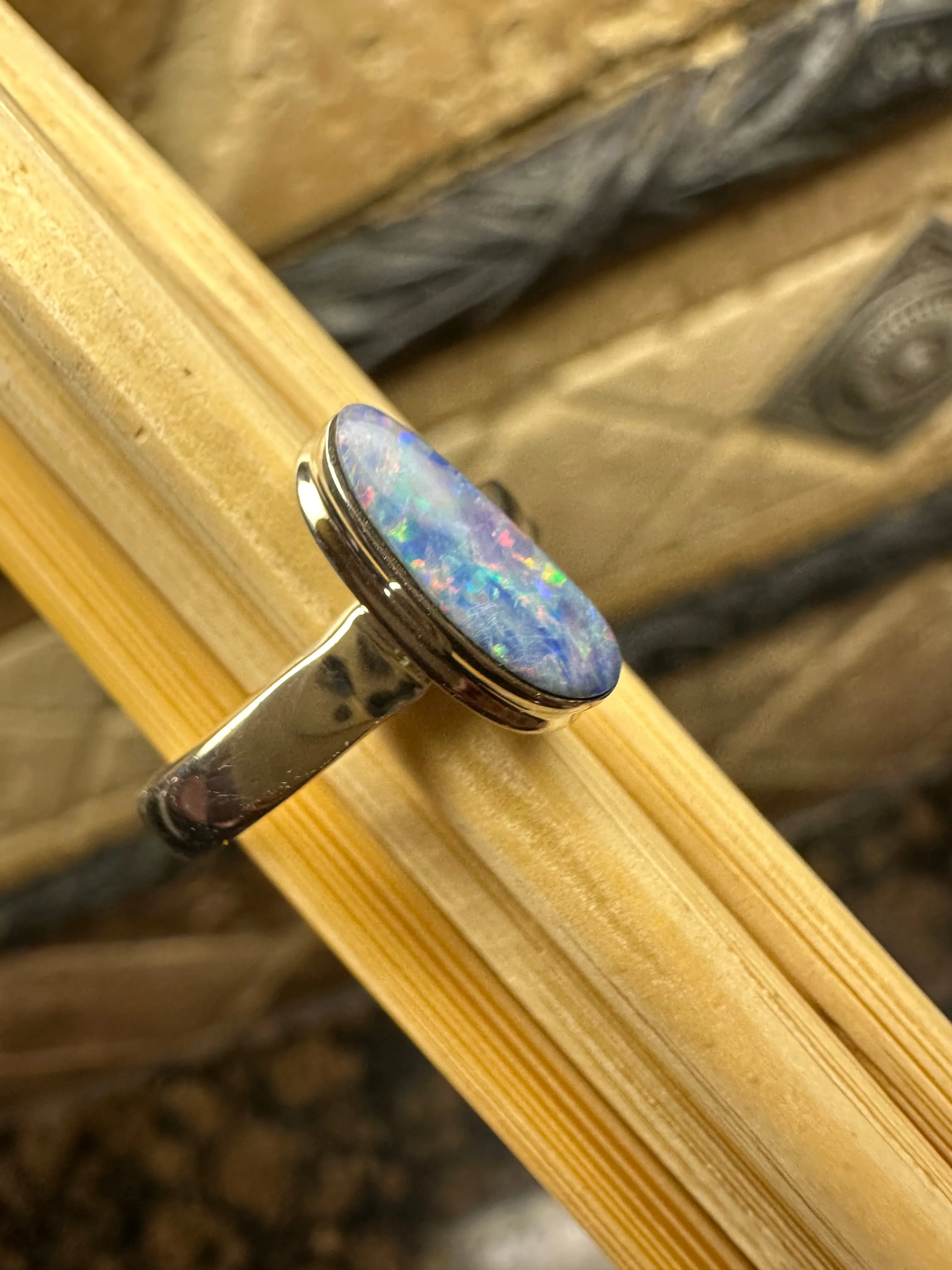 Genuine Australian Blue, Pink Opal 925 Solid Sterling Silver Engagement Ring Size 6