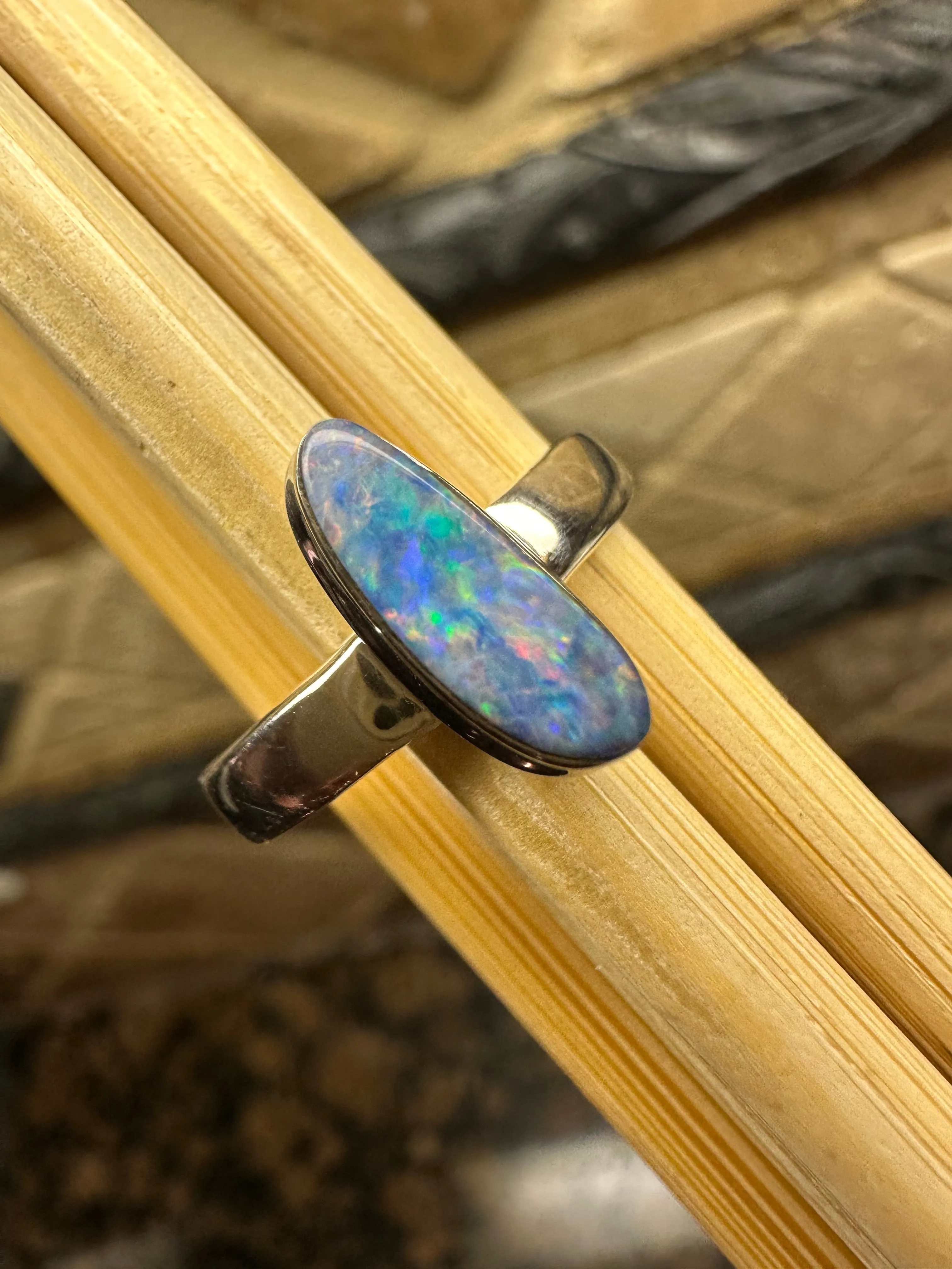 Genuine Australian Blue, Pink Opal 925 Solid Sterling Silver Engagement Ring Size 6