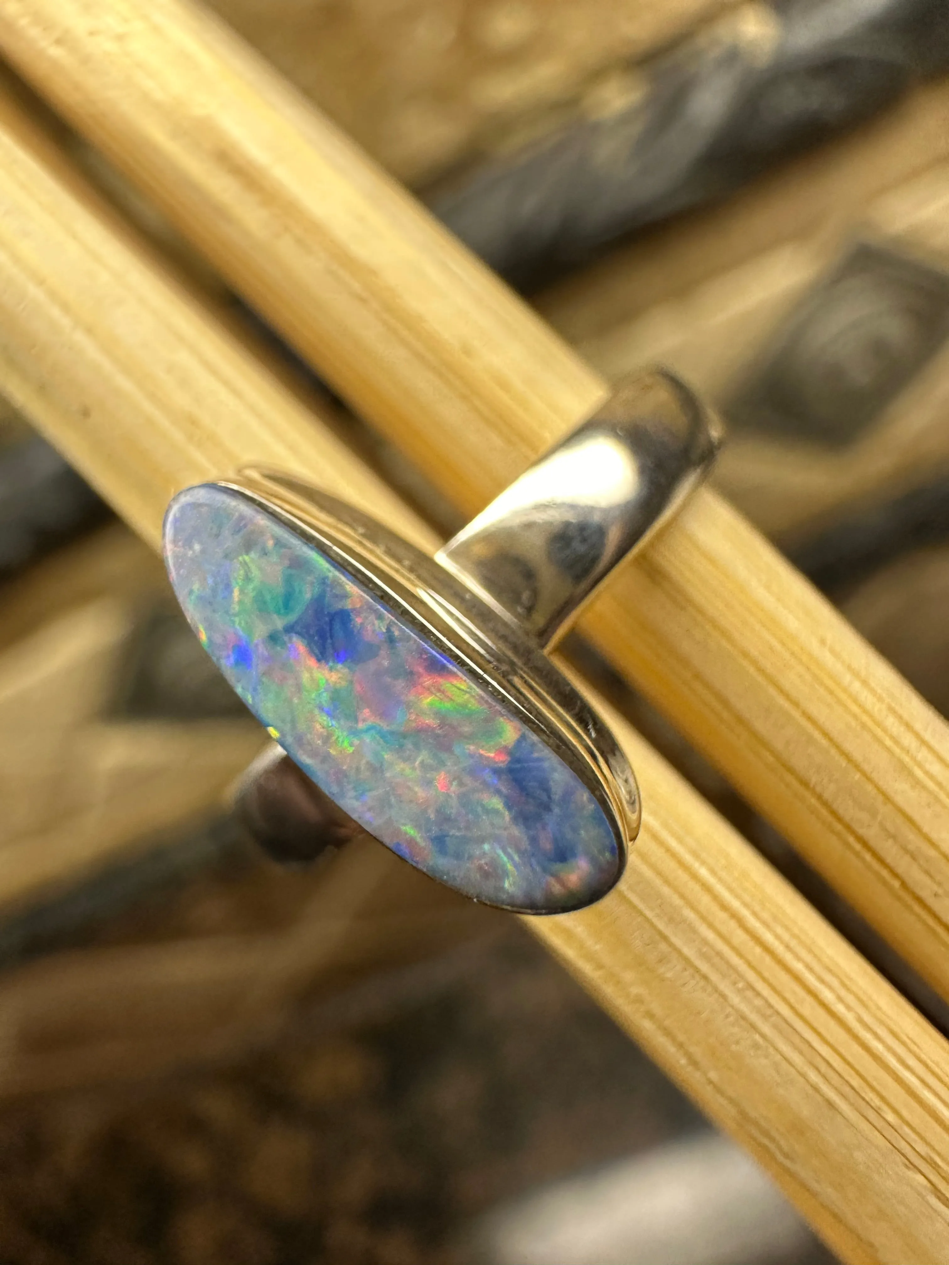 Genuine Australian Blue, Pink Opal 925 Solid Sterling Silver Engagement Ring Size 6