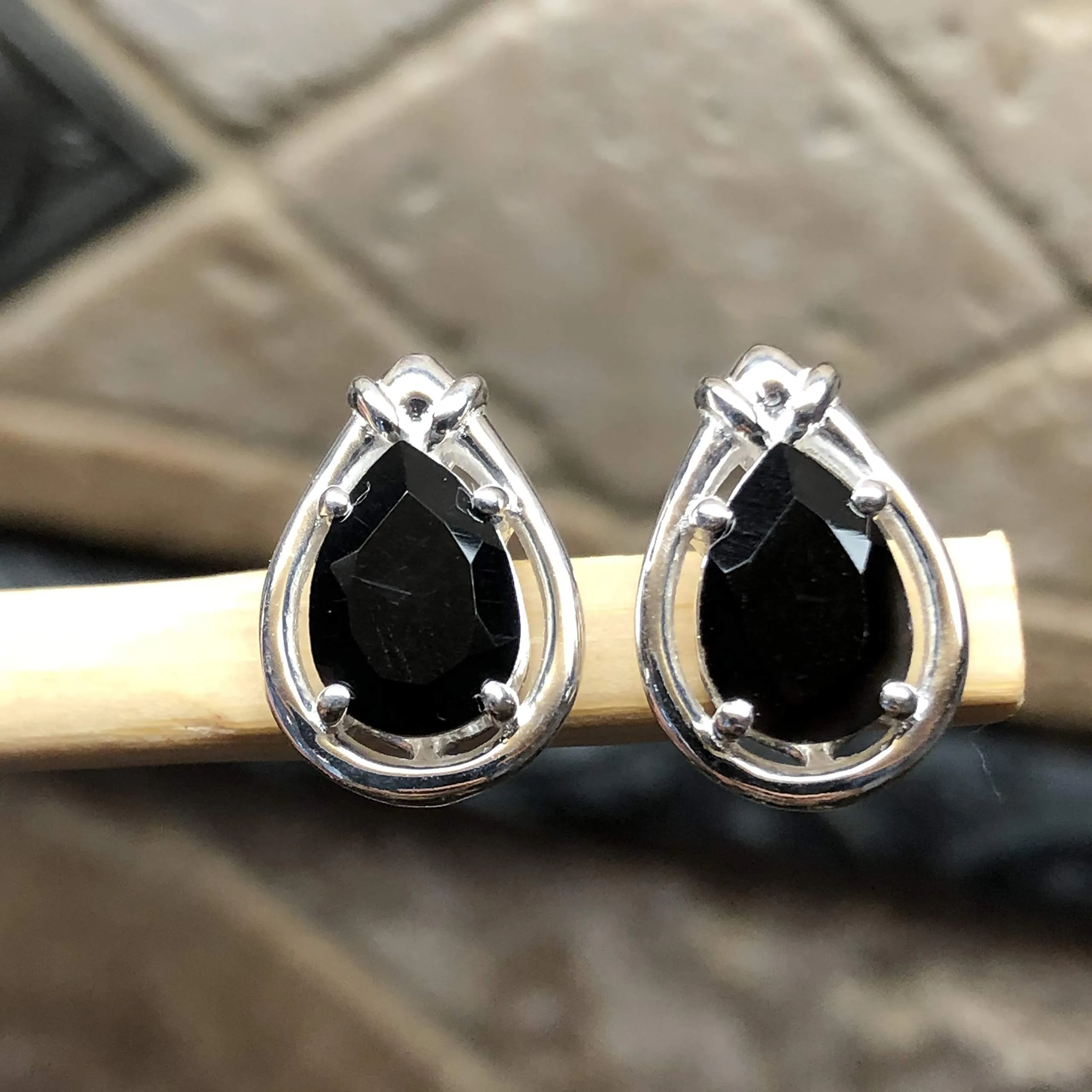 Genuine Black Onyx 925 Solid Sterling Silver Earrings 15mm