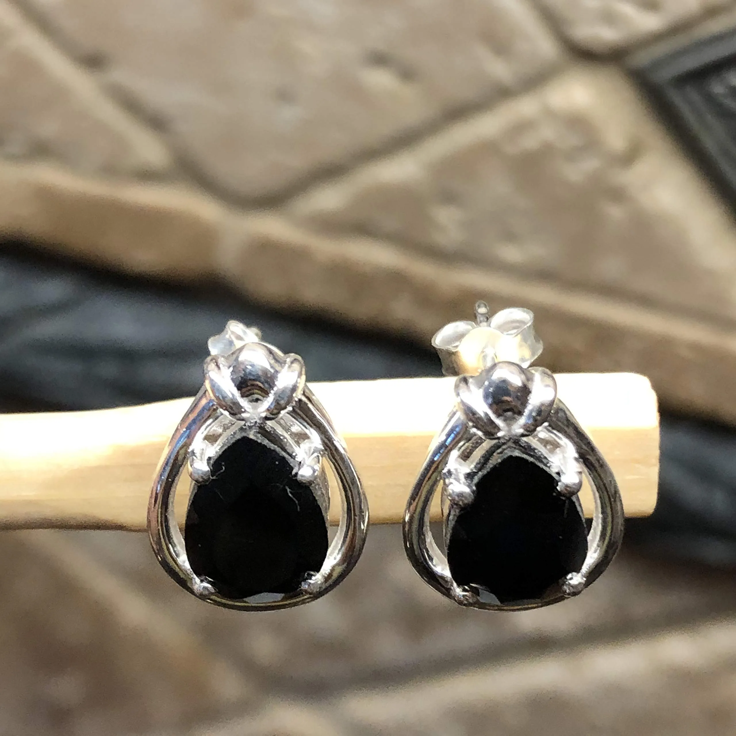 Genuine Black Onyx 925 Solid Sterling Silver Earrings 15mm