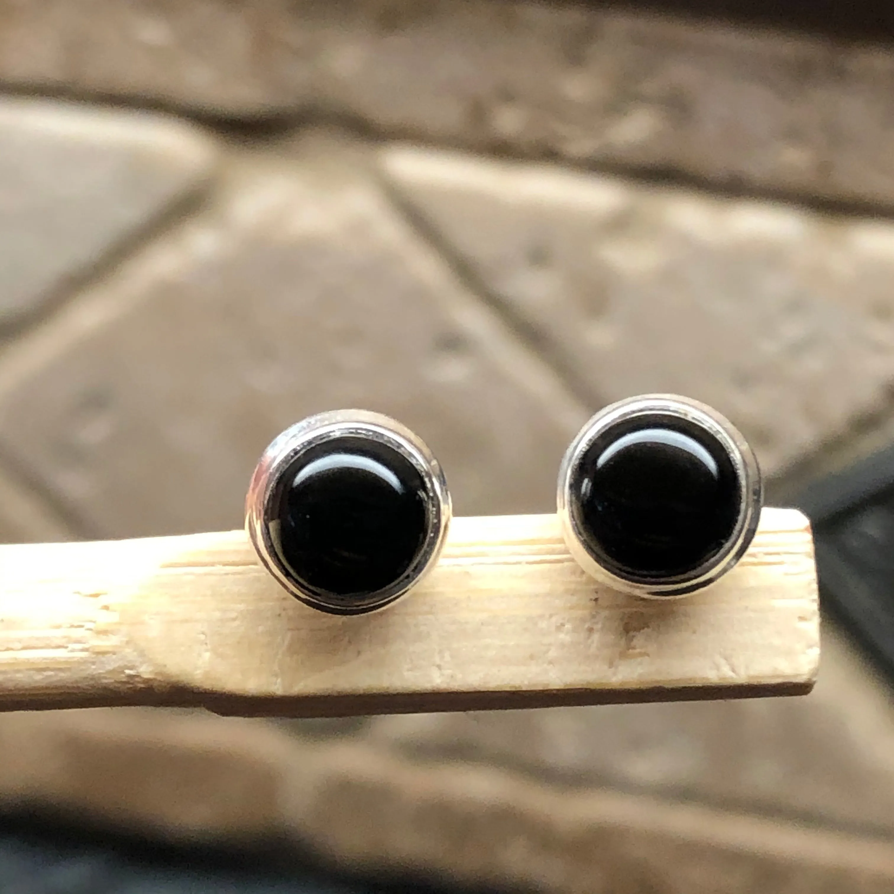 Genuine Black Onyx 925 Solid Sterling Silver Earrings 7mm