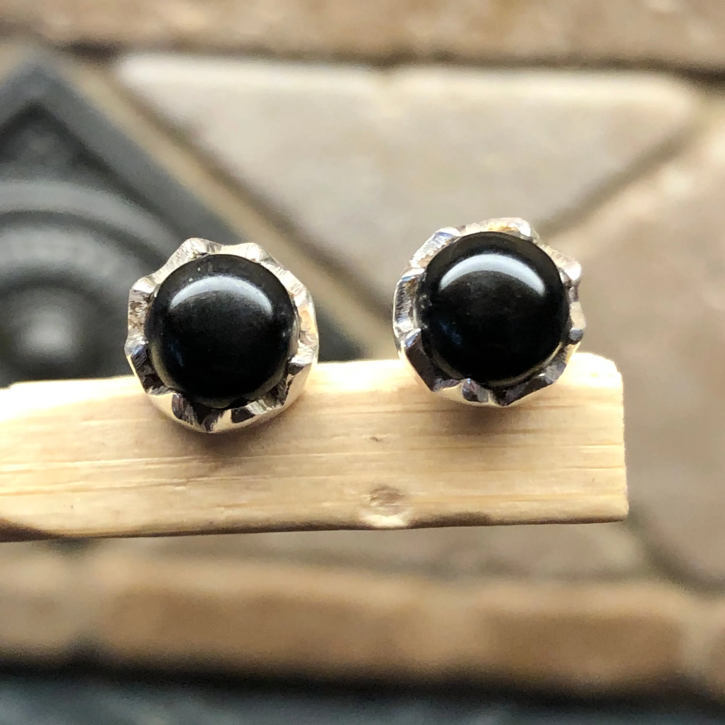 Genuine Black Onyx 925 Solid Sterling Silver Earrings 7mm