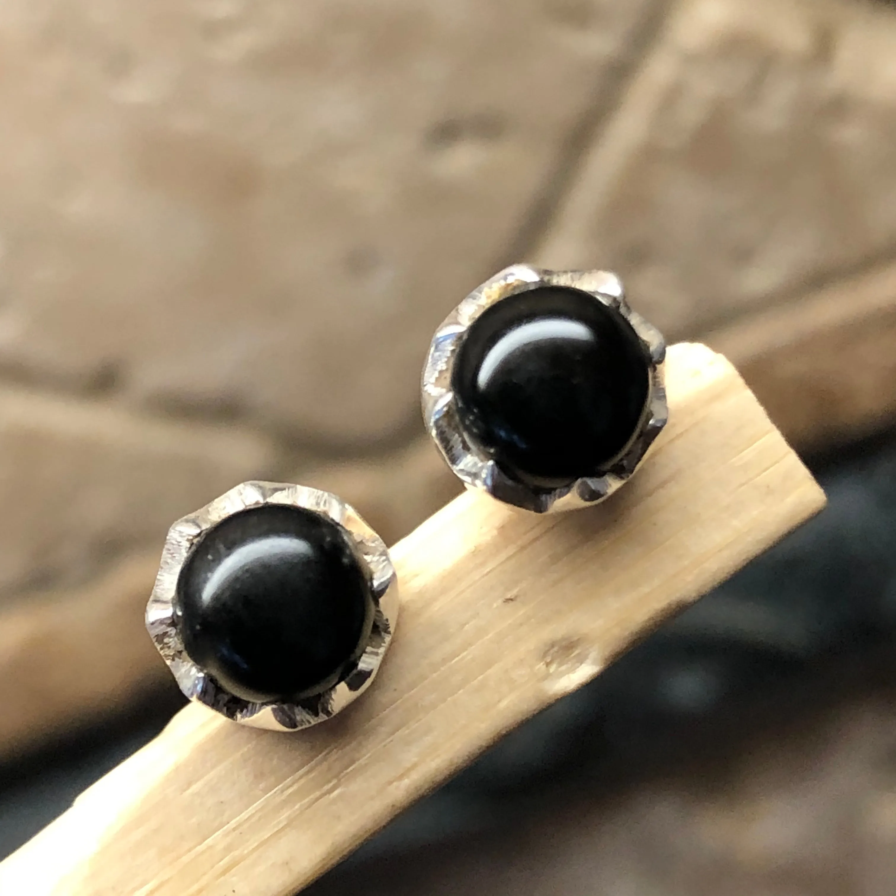 Genuine Black Onyx 925 Solid Sterling Silver Earrings 7mm