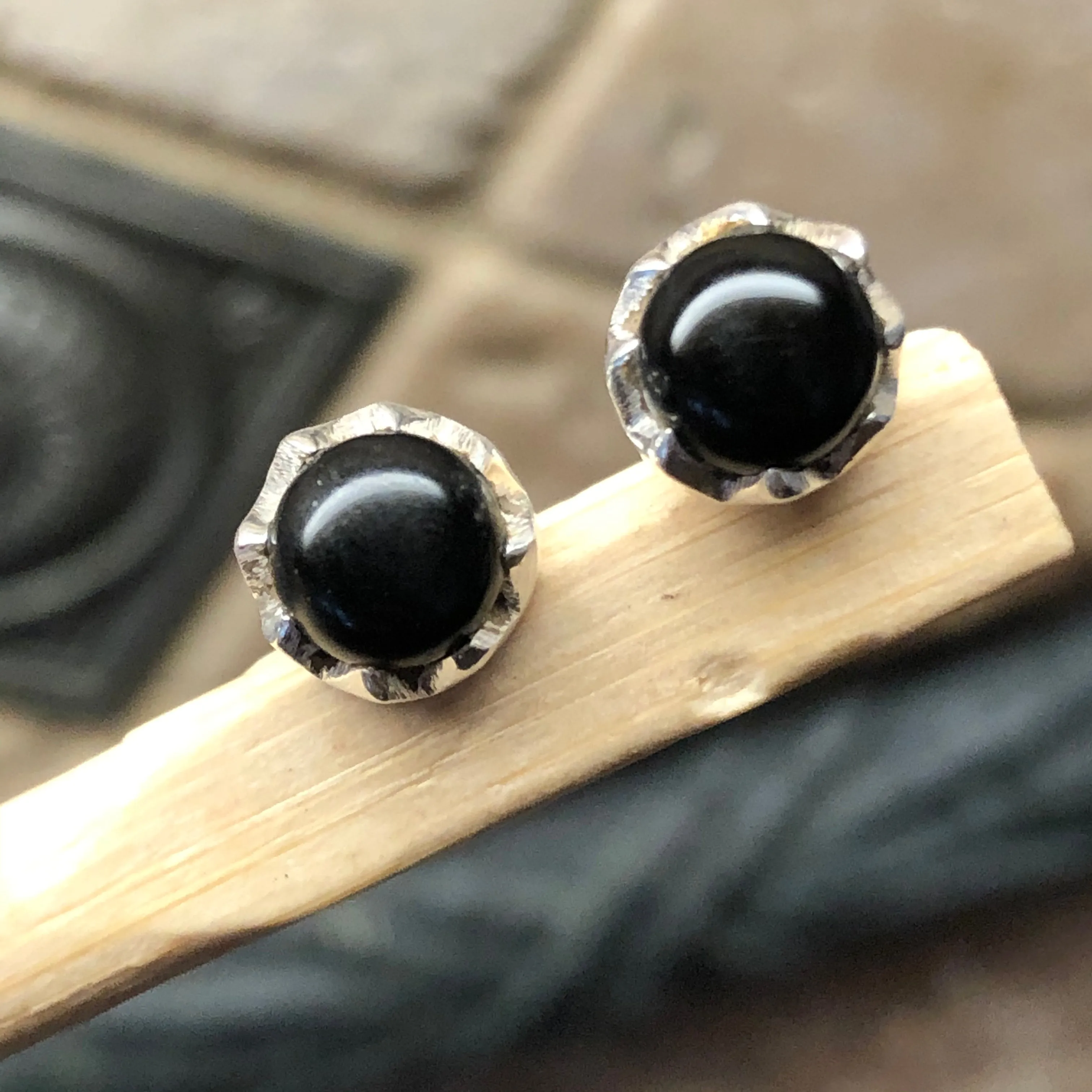 Genuine Black Onyx 925 Solid Sterling Silver Earrings 7mm