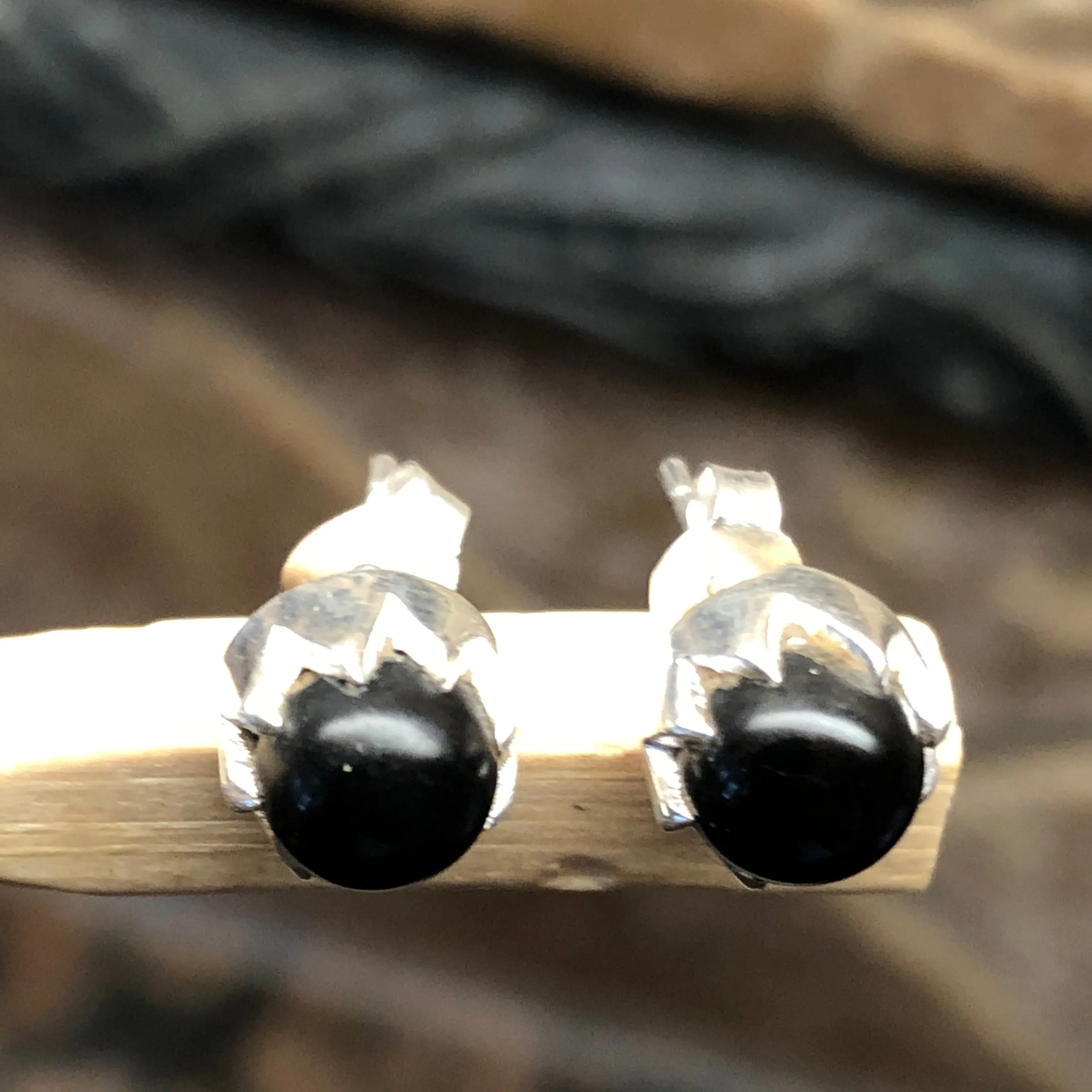 Genuine Black Onyx 925 Solid Sterling Silver Earrings 7mm