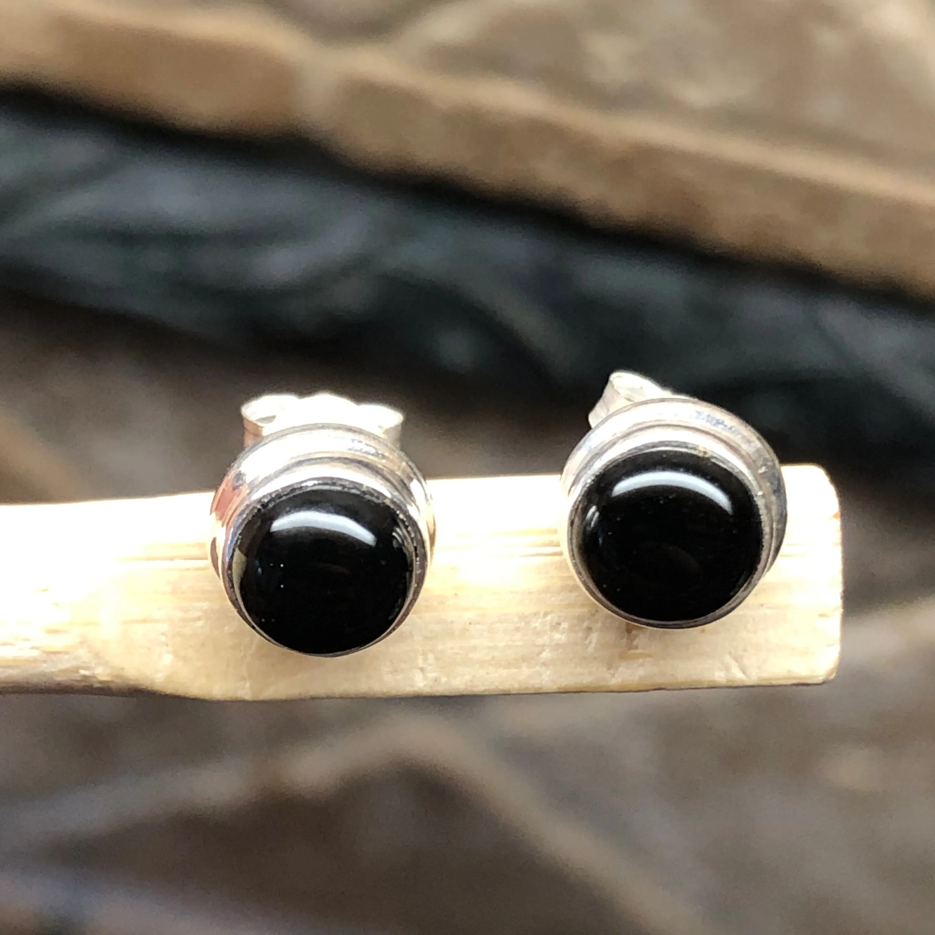 Genuine Black Onyx 925 Solid Sterling Silver Earrings 7mm