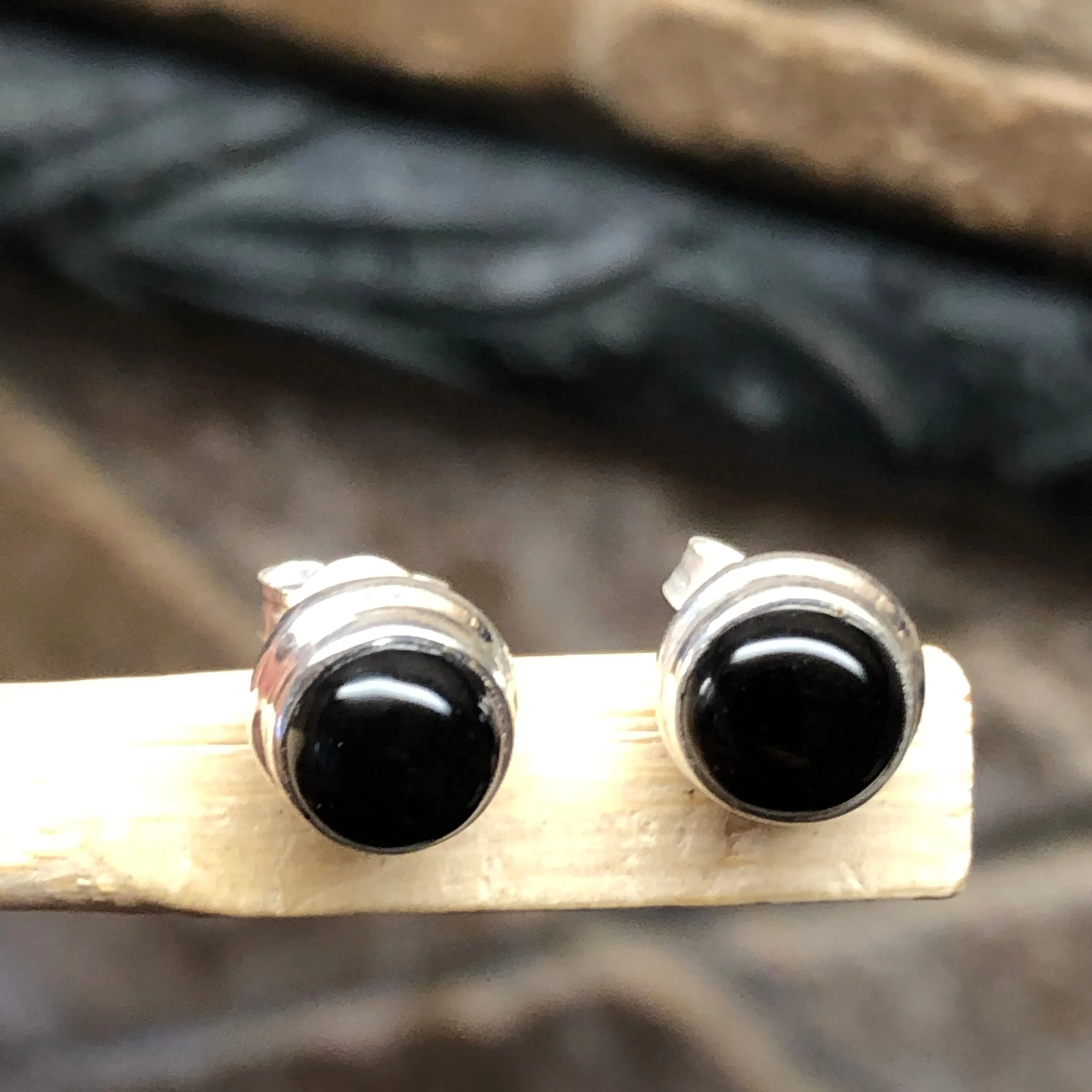 Genuine Black Onyx 925 Solid Sterling Silver Earrings 7mm