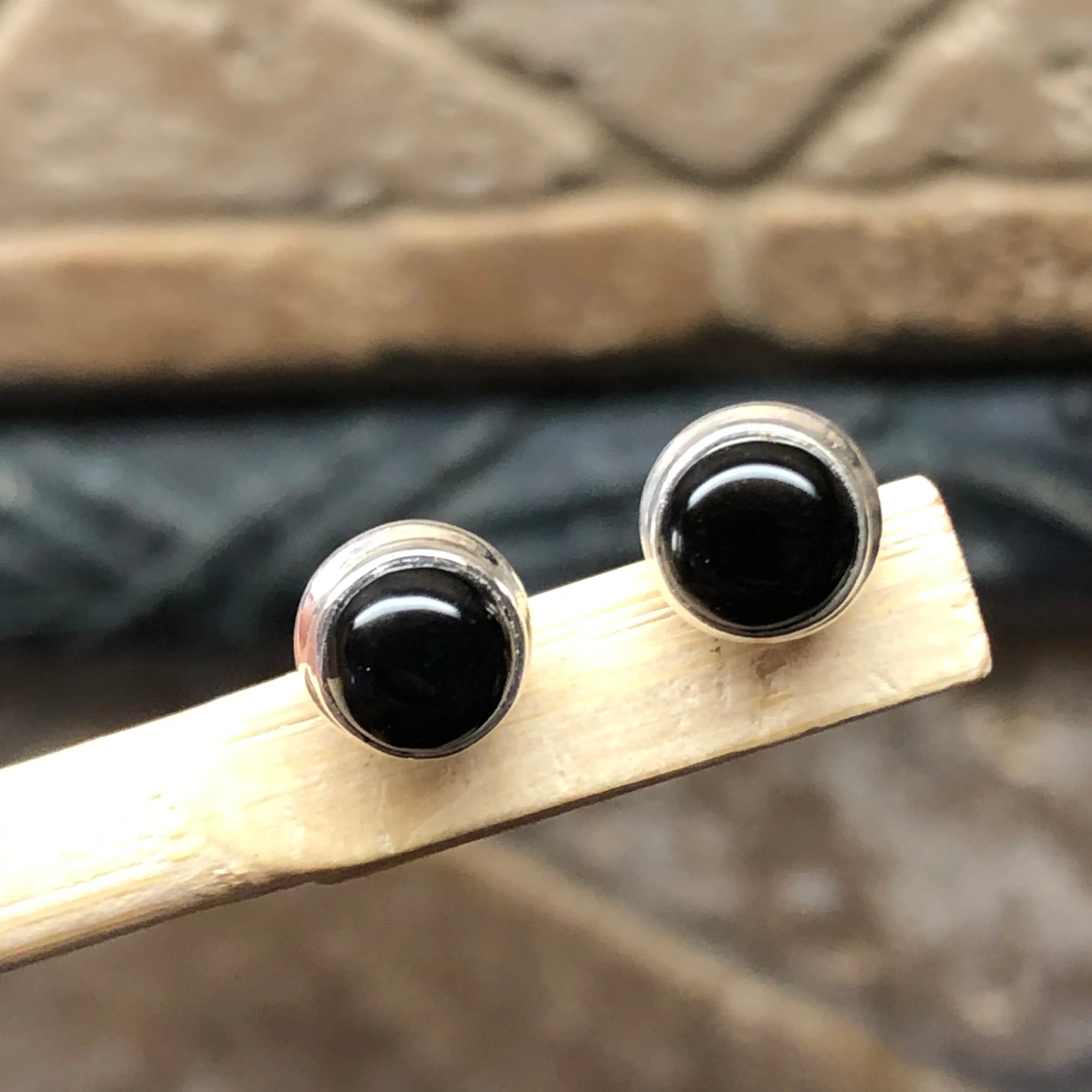 Genuine Black Onyx 925 Solid Sterling Silver Earrings 7mm