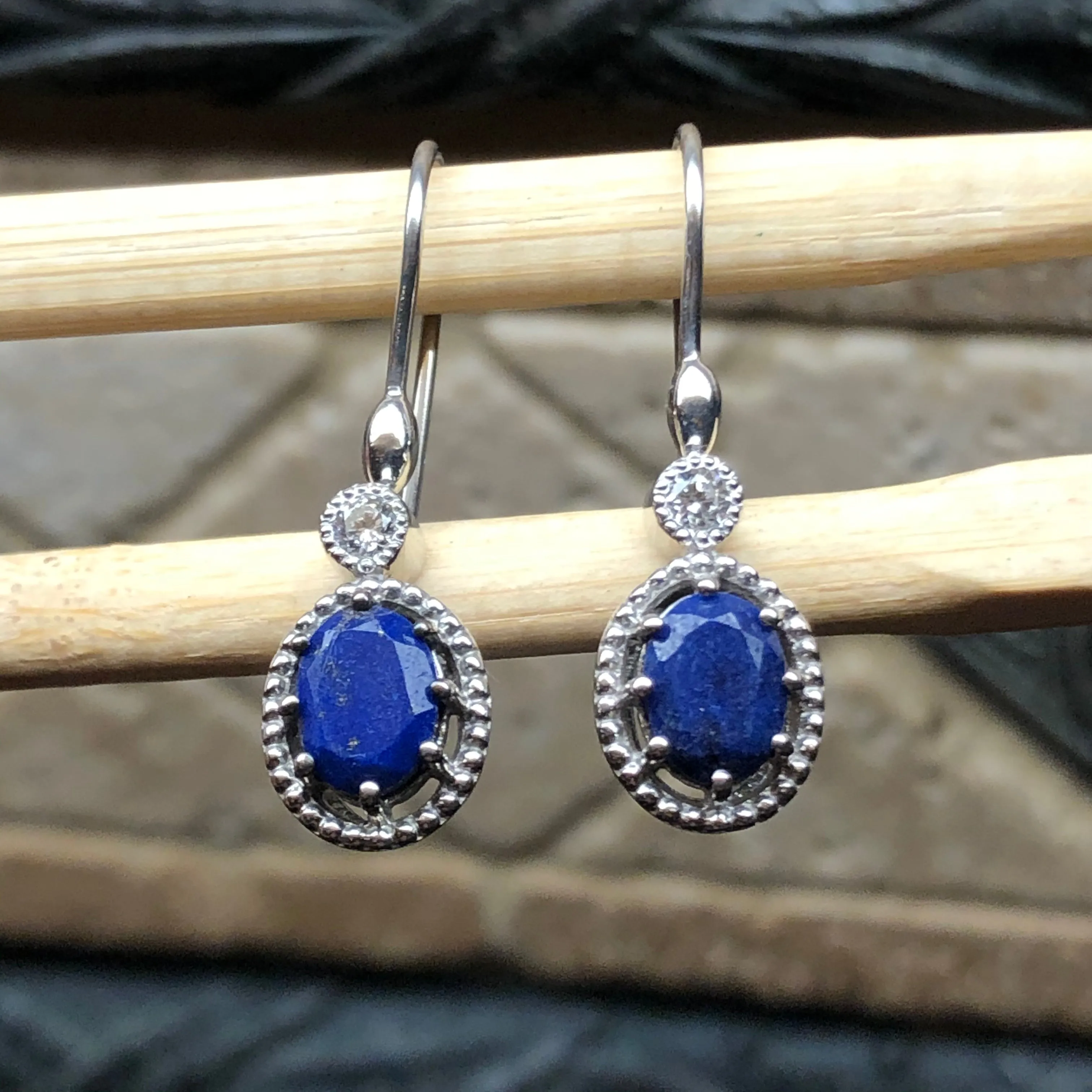 Genuine Blue Lapis Lazuli 925 Solid Sterling Silver Earrings 30mm