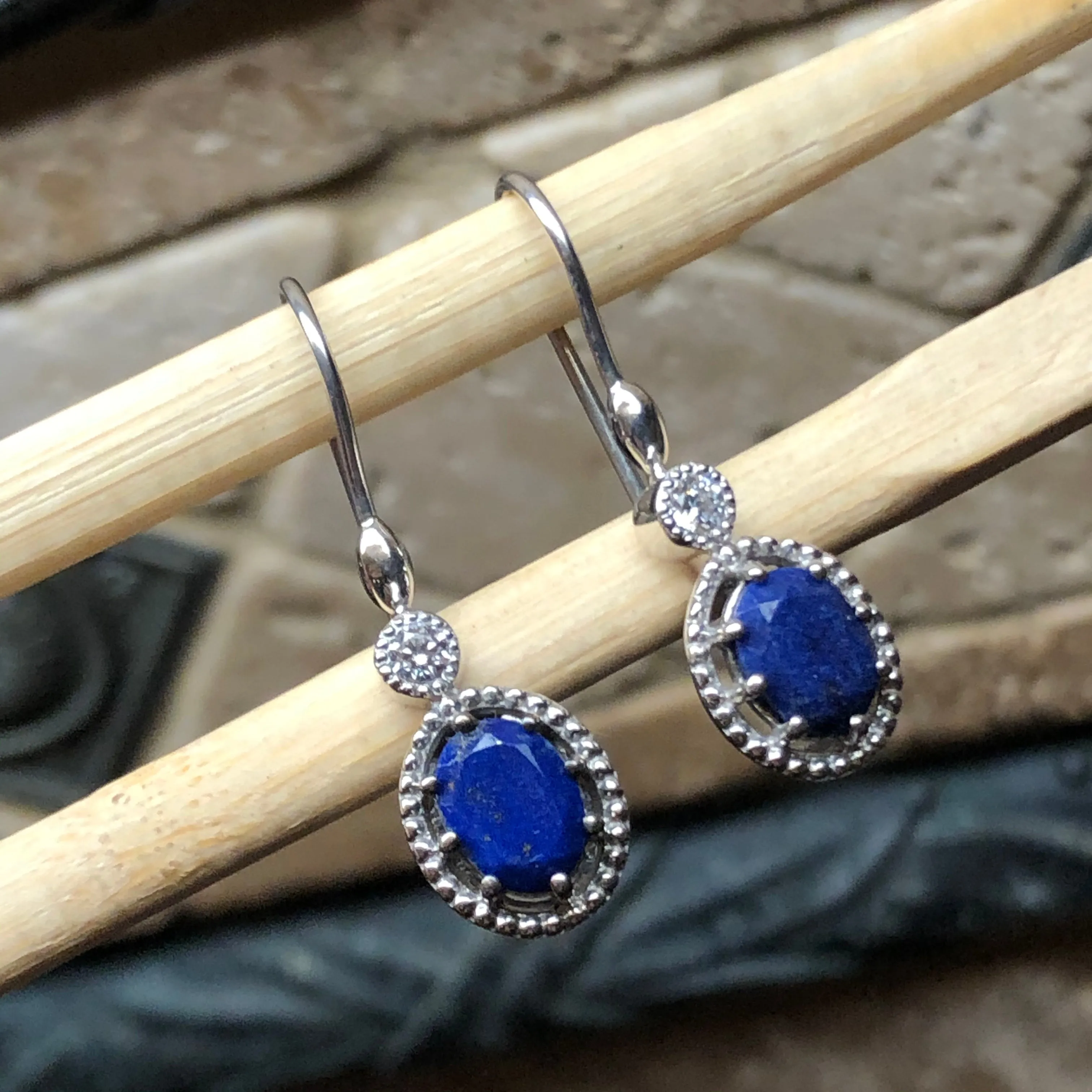 Genuine Blue Lapis Lazuli 925 Solid Sterling Silver Earrings 30mm